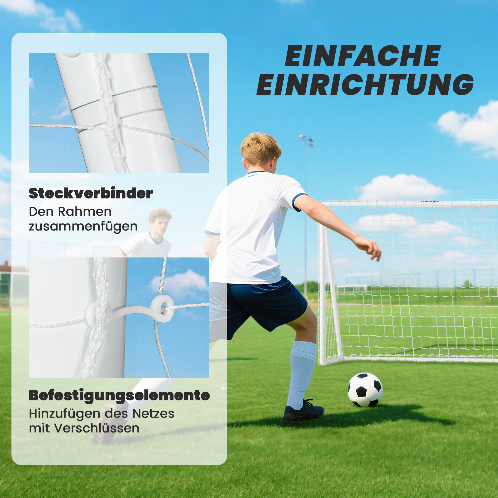 Fußballtor, robustes Netz, Kunststoff-Rahmen, Heringe, 240L x 90B x 180H cm, Weiß