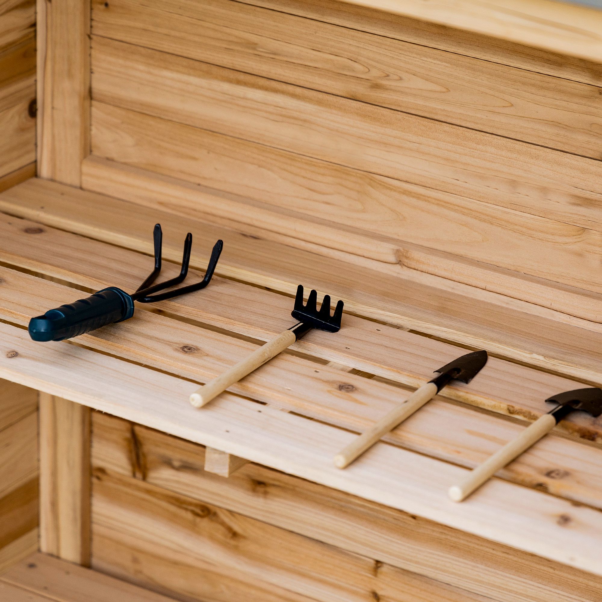 Gartenschrank mit 2 Fächern, Metall-Arbeitsplatte mit Aufkantung, Naturholz, 83 x 40 x 92 cm