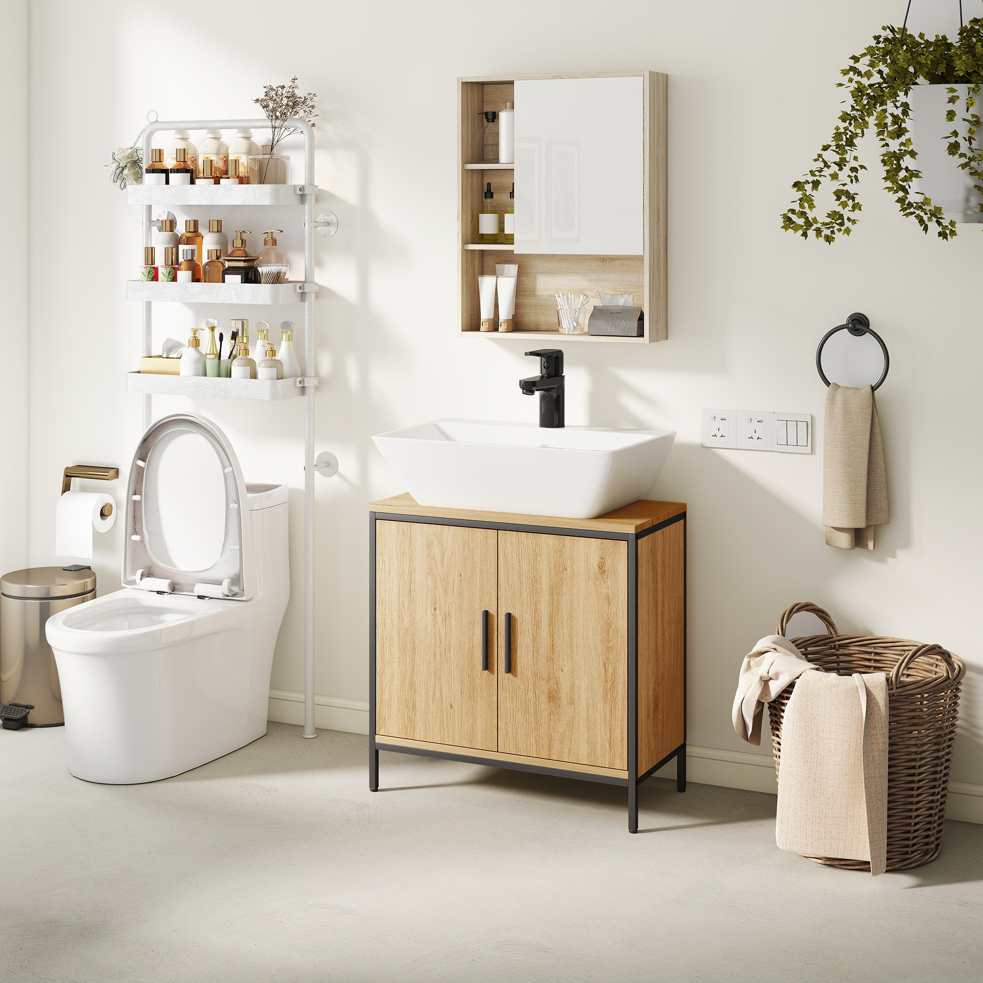 Waschbeckenunterschrank, Unterschrank mit 2 Türen, einstellbarem Regal, 60x30x60 cm Badezimmerschrank mit Stahlrahmen, für Waschbecken ohne Sockel, Eiche