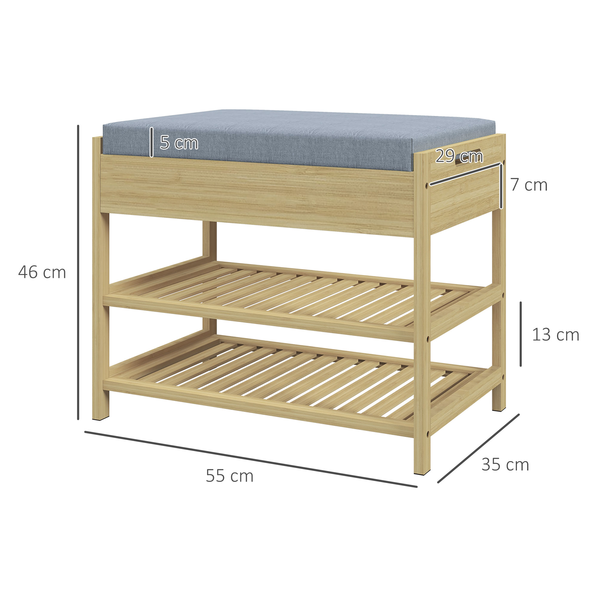 Schubank Schuhregal, 2 Ablagen, Sitzpolster, Bambus, 55 cm x 35 cm x 46 cm, Grau + Natur