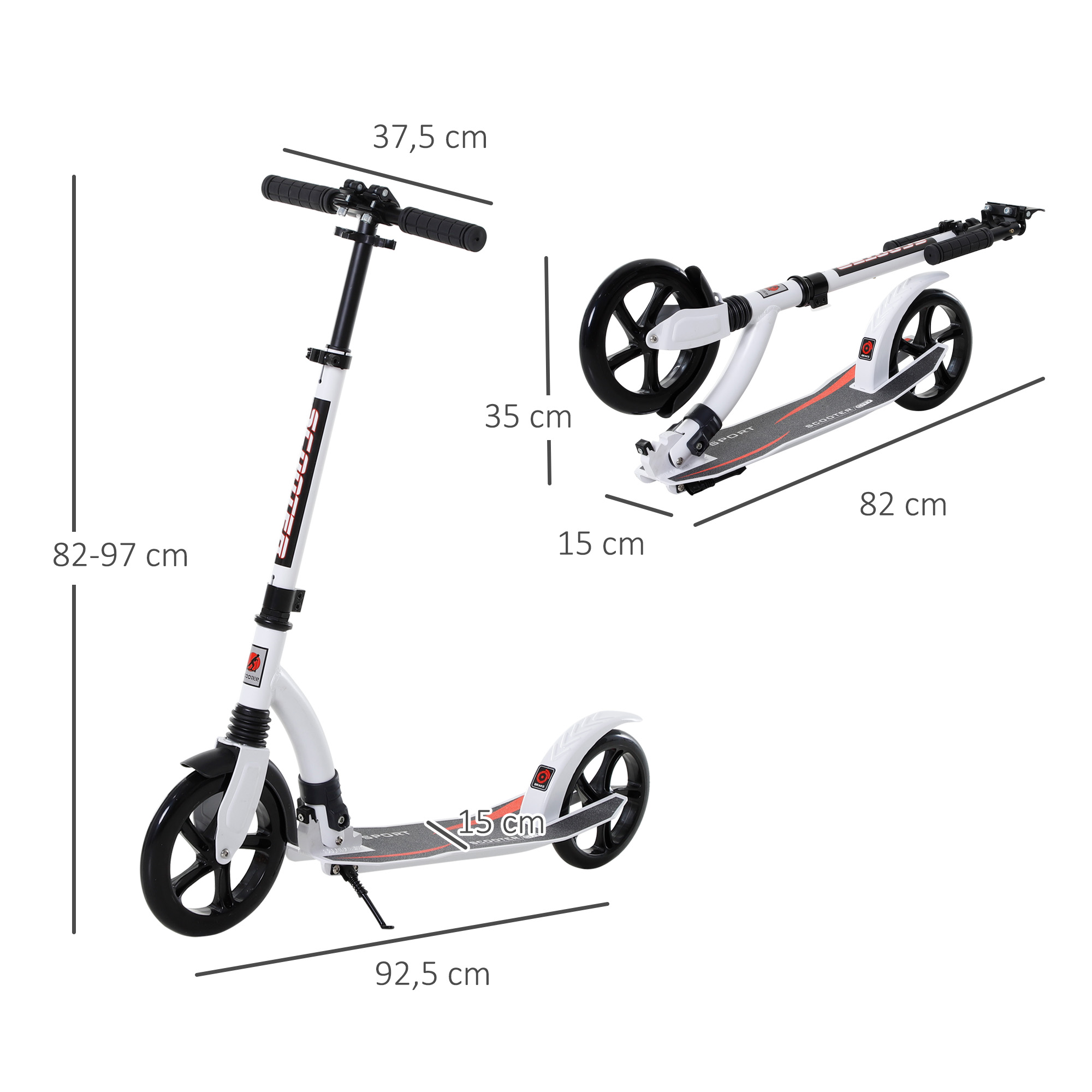 Kinderscooter, Kickscooter mit Stoßdämpfung, Tretroller, Klappbar und Höheverstellbar, ab 14 Jahren, Aluminium, Weiß, 92,5 x 37,5 x 82-97 cm