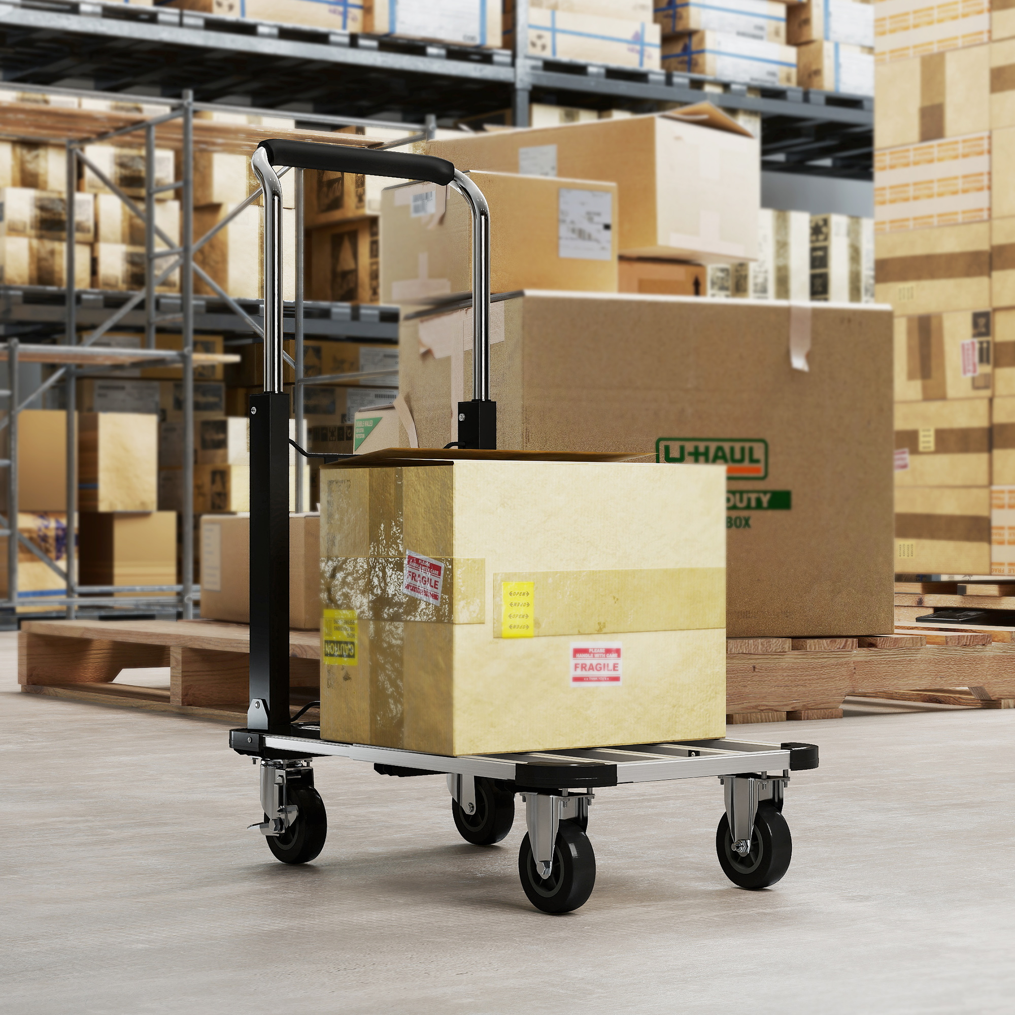 Faltbarer Handwagen, 150 kg Belastbarkeit, erweiterbare Fläche, höhenverstellbarer Griff, für Kisten, Metall, Schwarz