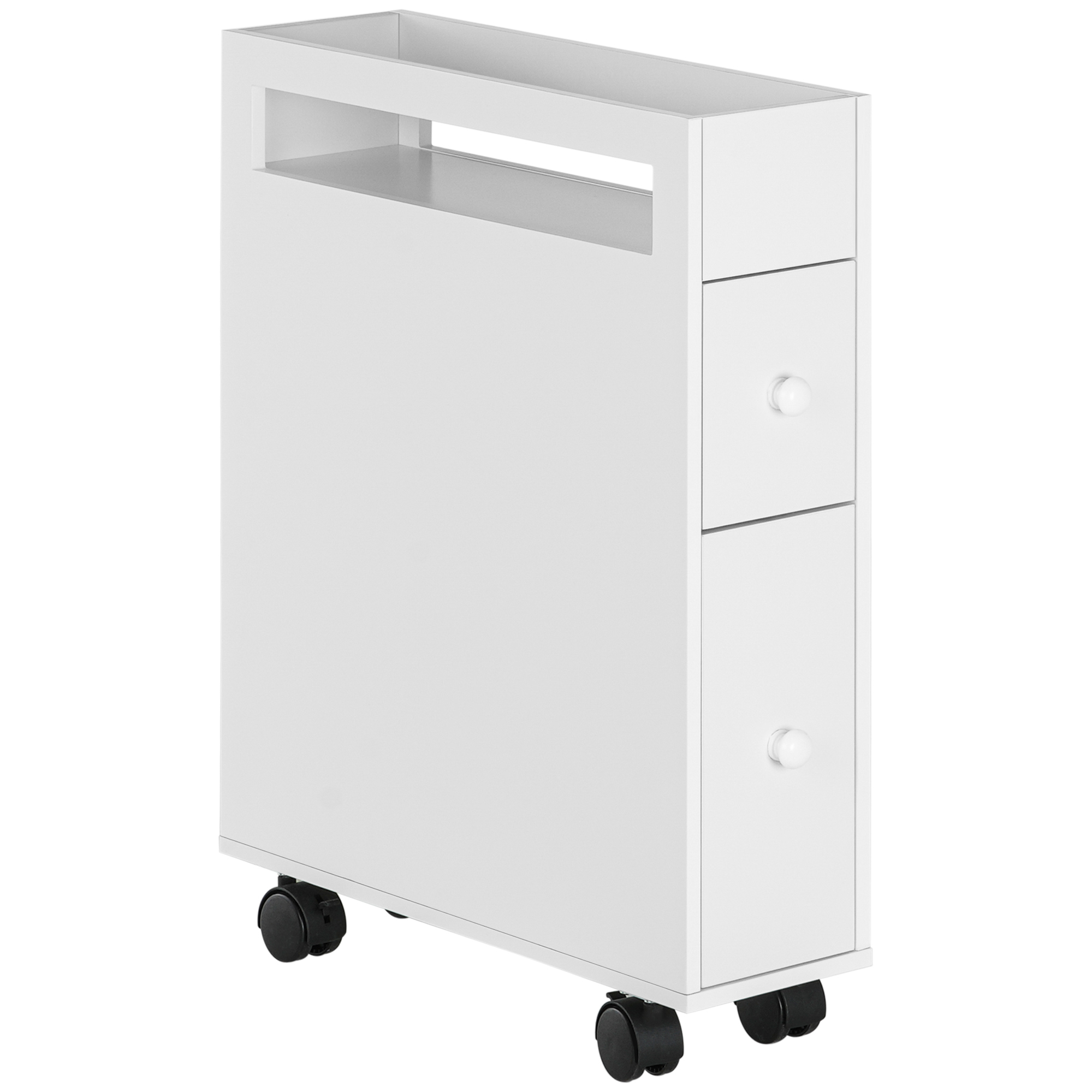 Nischenwagen Badschrank Rollschrank, schmales Design, zwei Schubladen, vier Räder, weiß, 16 x 49,5 x 66 cm