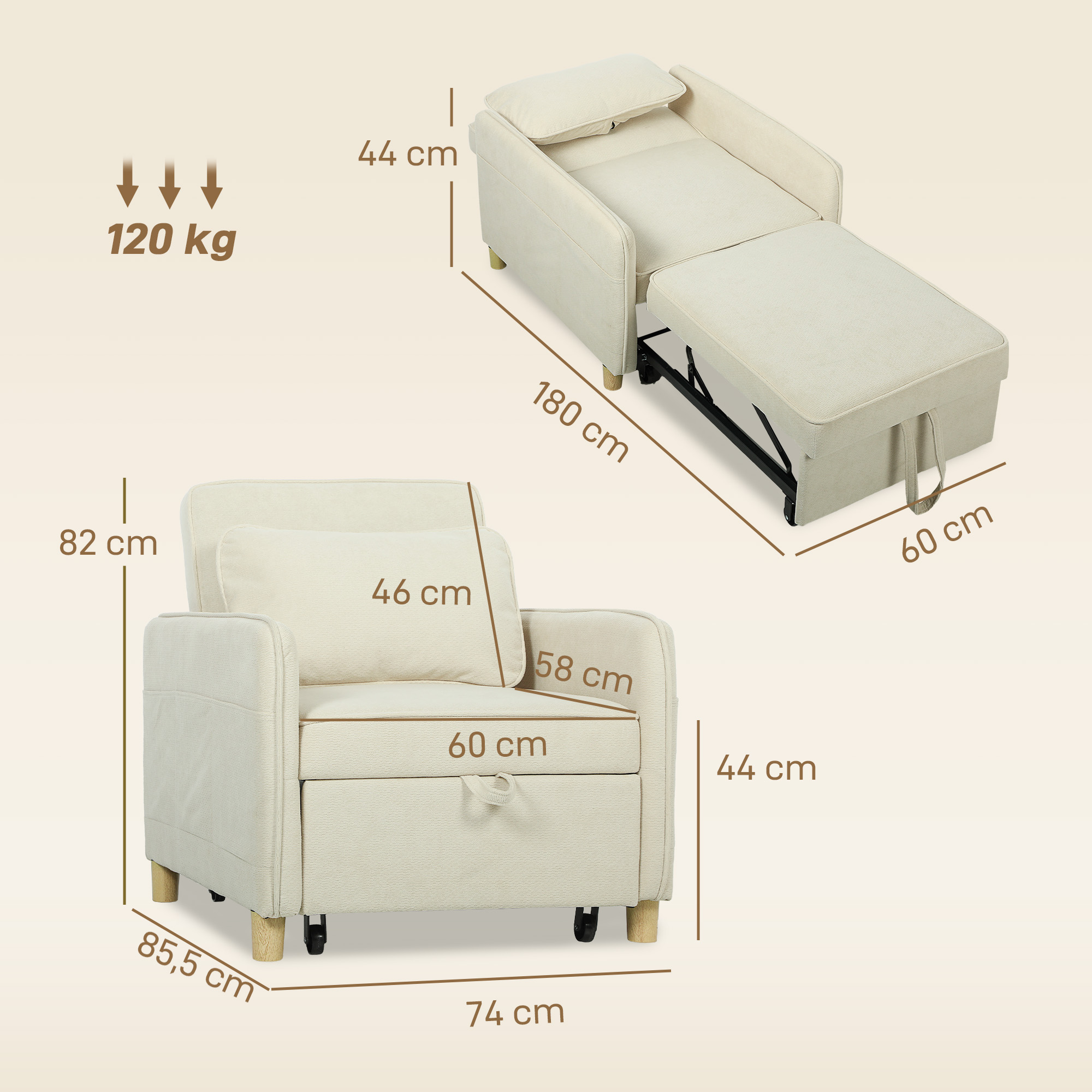 Schlafsessel 3 in 1 Umwandelbarer Sessel mit Bettfunktion, Breiter Sitzfläche für Wohnzimmer, Beige