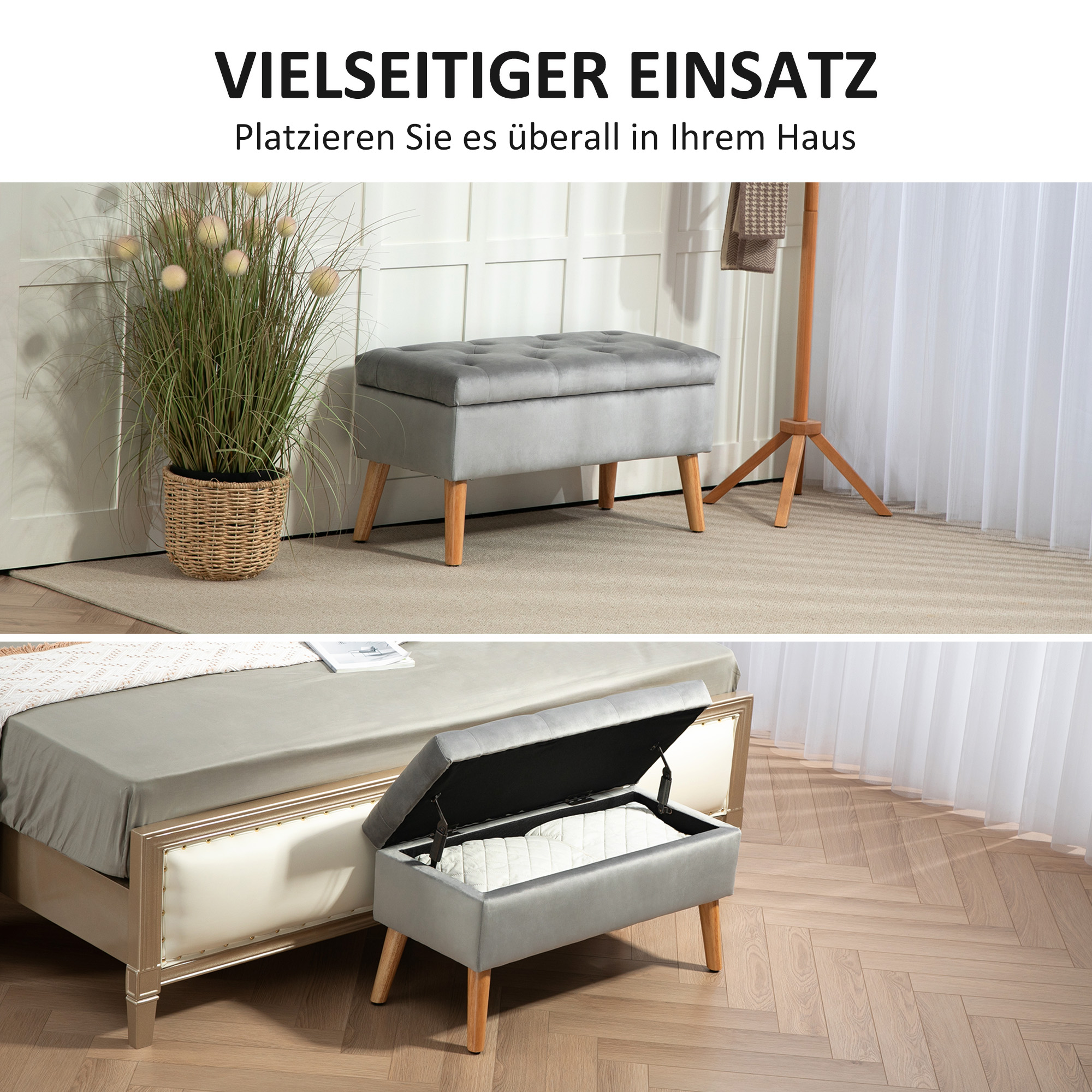 Polsterbank mit Stauraum, Stoffbezug in Samtoptik, Holzbeine, für Wohnzimmer, Schlafzimmer, Flur, 80 x 35 x 42 cm, Grau
