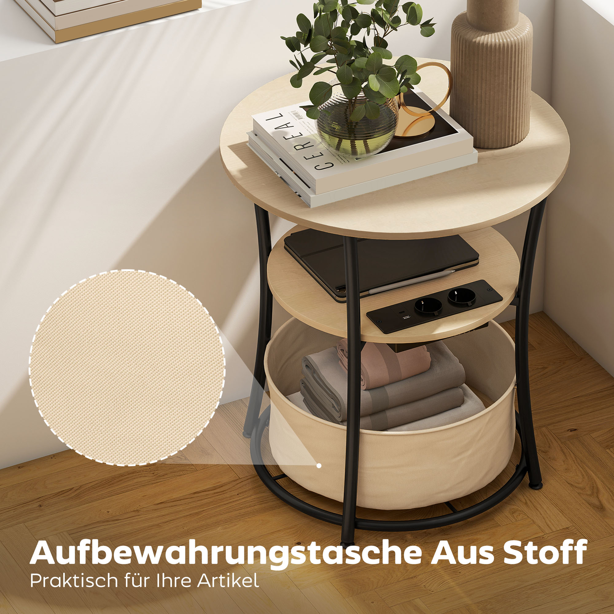 Beistelltisch 3-stufiger Couchtisch mit Ladestation, Stoff-Aufbewahrungstasche, Ablage, 50x50x55,1 cm Naturholz