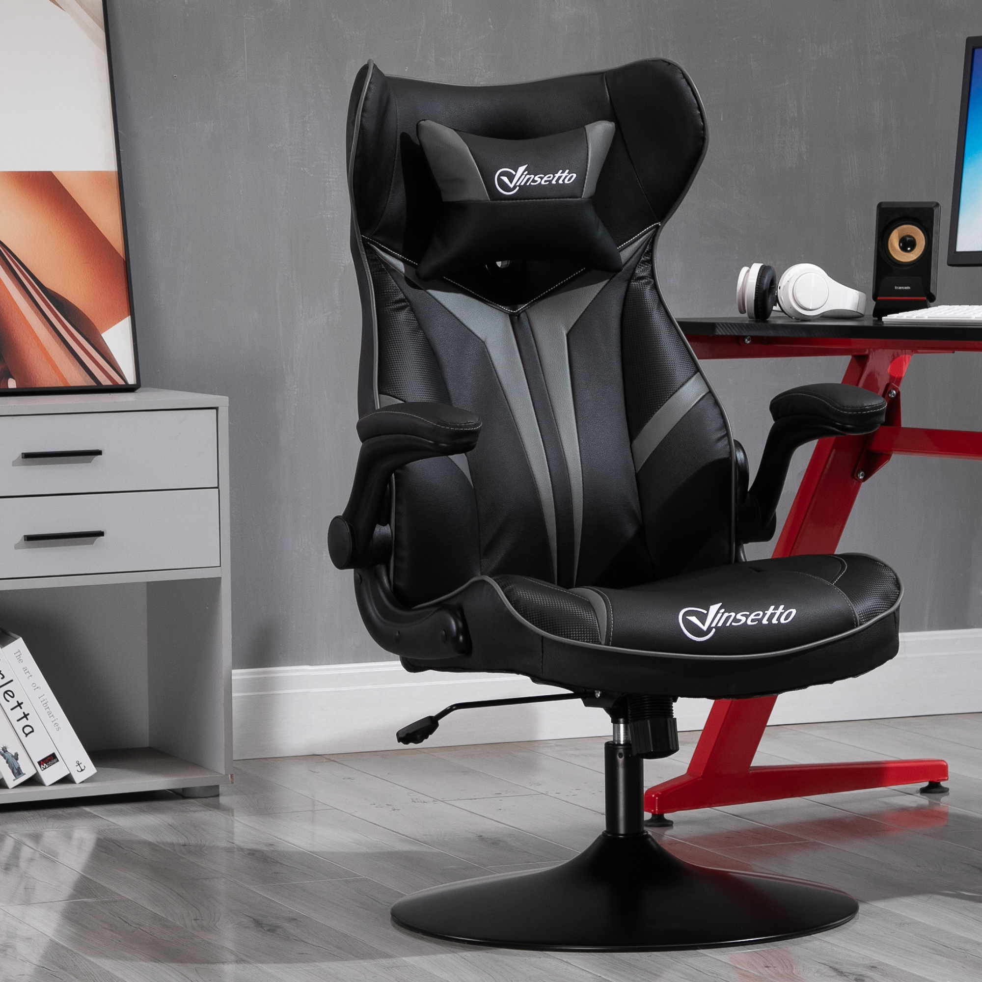 Gaming Stuhl ergonomischer Computerstuhl mit Wippfunktion Drehstuhl höhenverstellbar Stahl Schwarz+Grau 67 x 70 x 106-112 cm