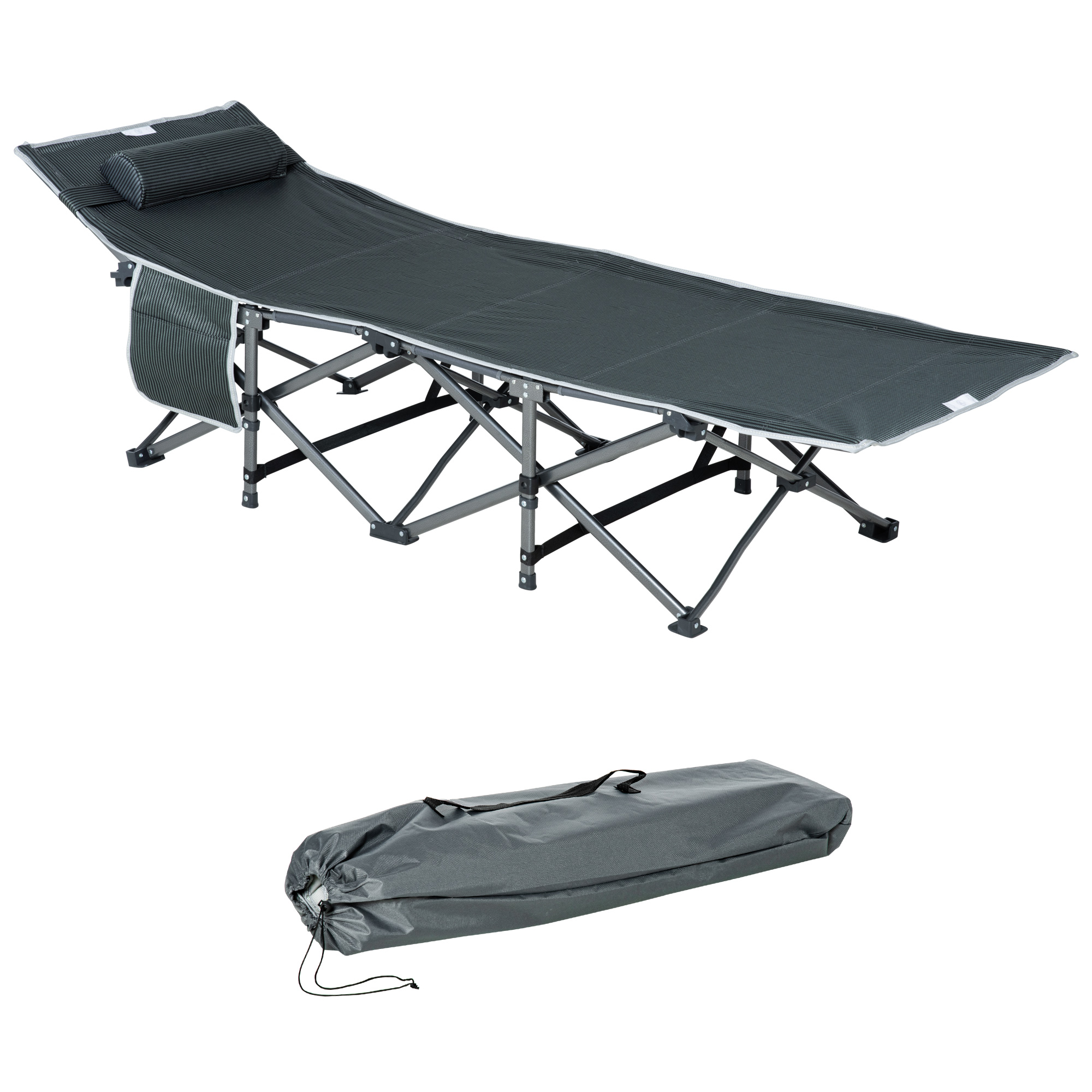 Campingbett, klappbares Feldbett mit Kopfkissen, 188 x 64,5 x 53 cm, Grau