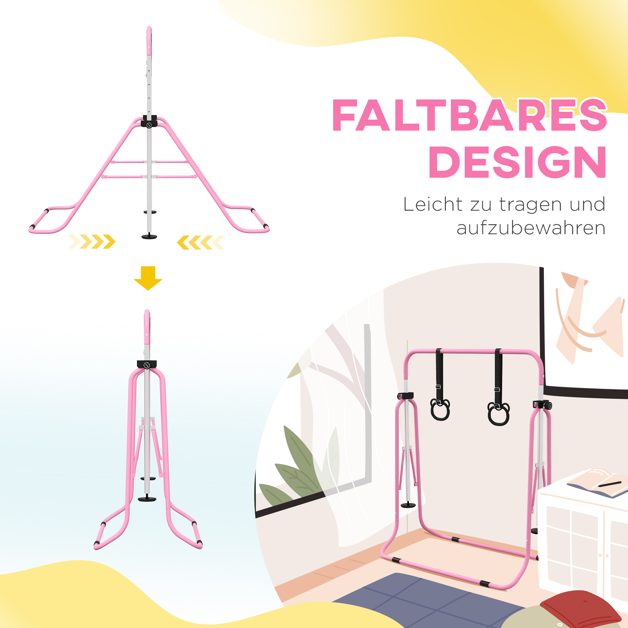 Kinder-Turnbarren mit Ringen, höhenverstellbar, klappbar, rutschfest, Stahlrahmen, 148x105x88-128 cm, Pink