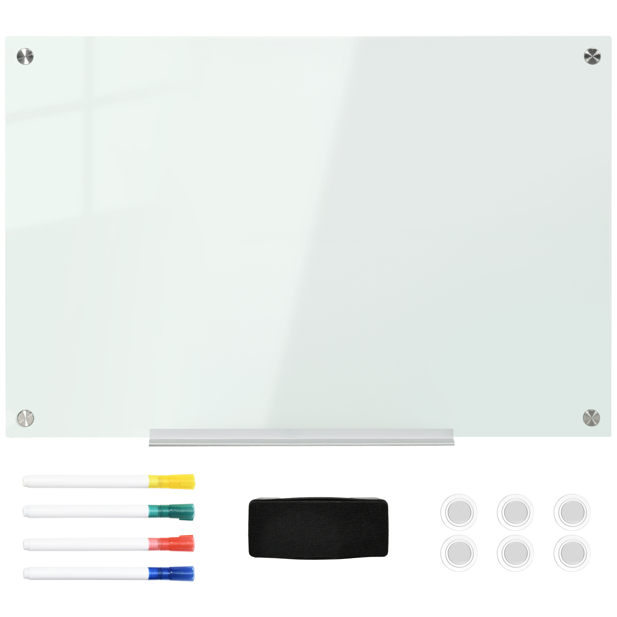 Glas Whiteboard, Memoboard, Whiteboard,  4 Stifte, 6 Magnete, 1 Schwamm,1 Ablage, Weiß