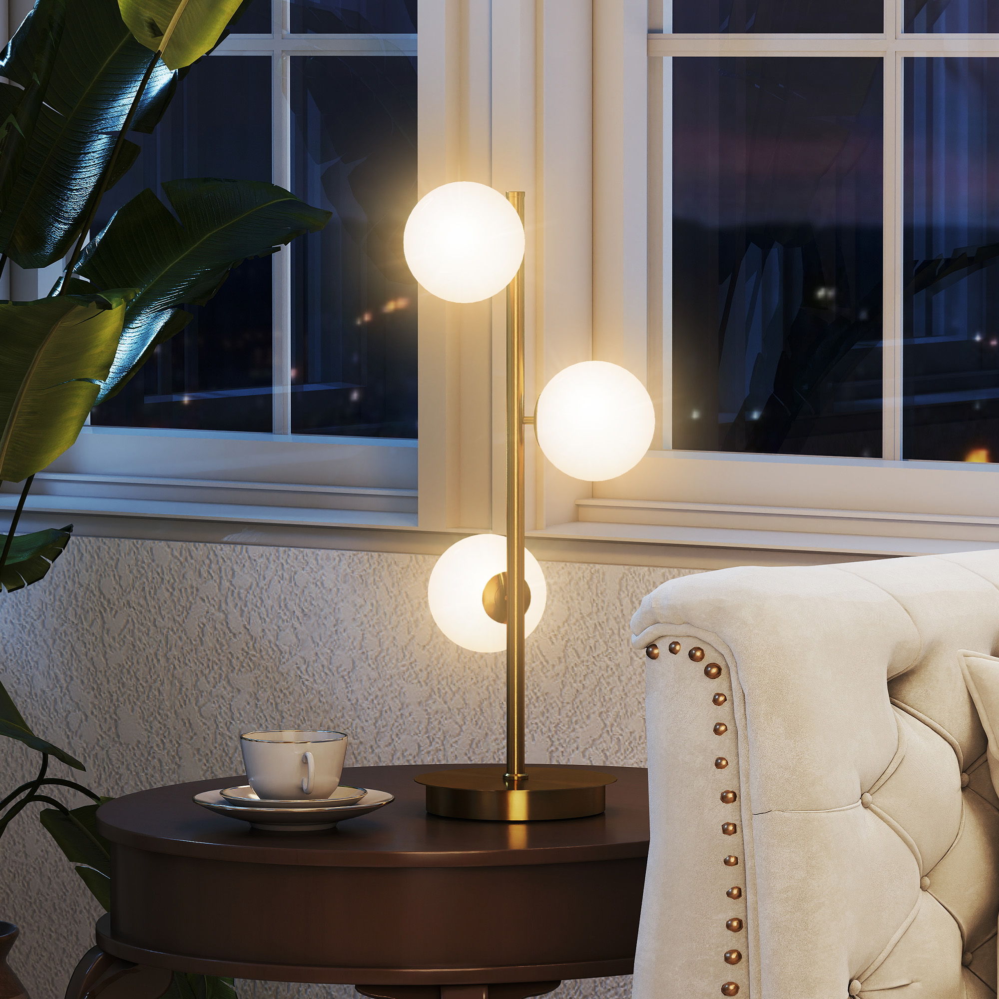 Tischlampe Tischleuchte mit 3 Kugelschirmen, mit stabilem Stahlfuß, G9-Fassungen, 24 x 24 x 53 cm, Messing