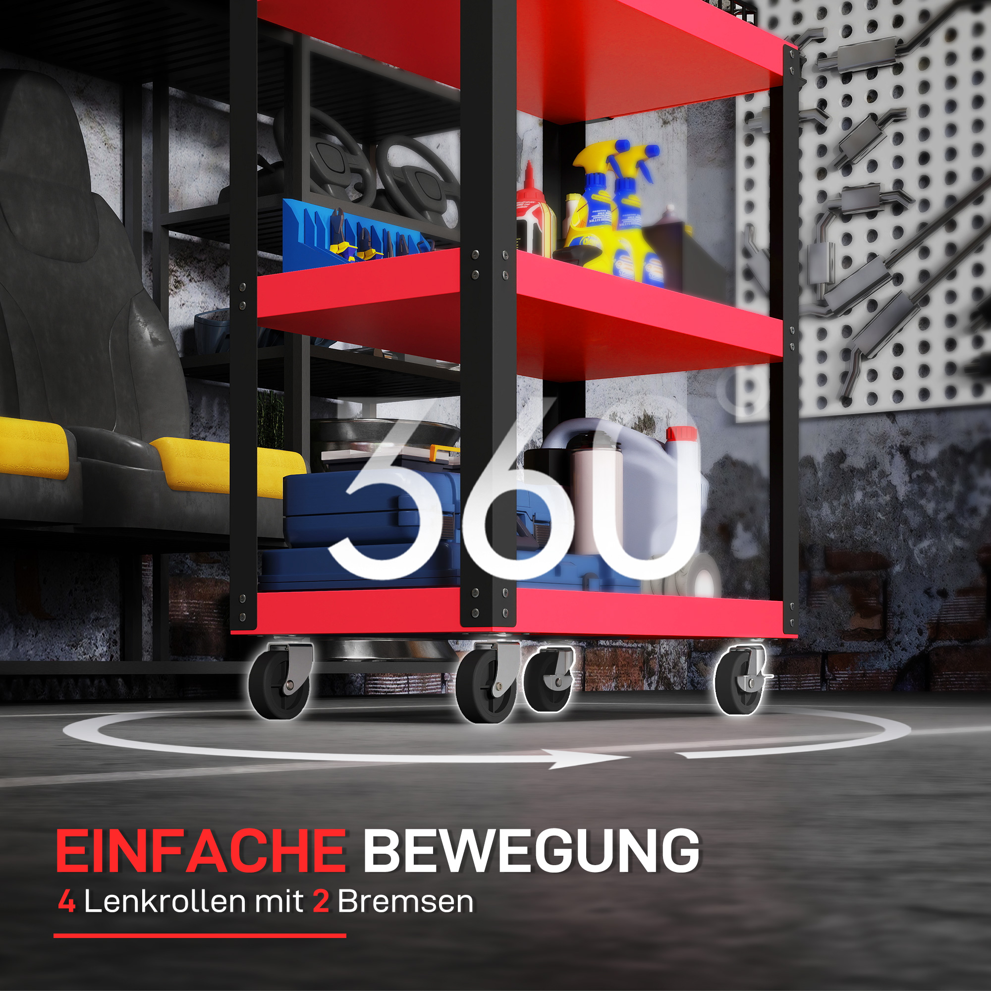 Werkzeugwagen mit 3 Ebenen, Metallrahmen, 120 kg Belastbarkeit, Rollen, Griff, Rot