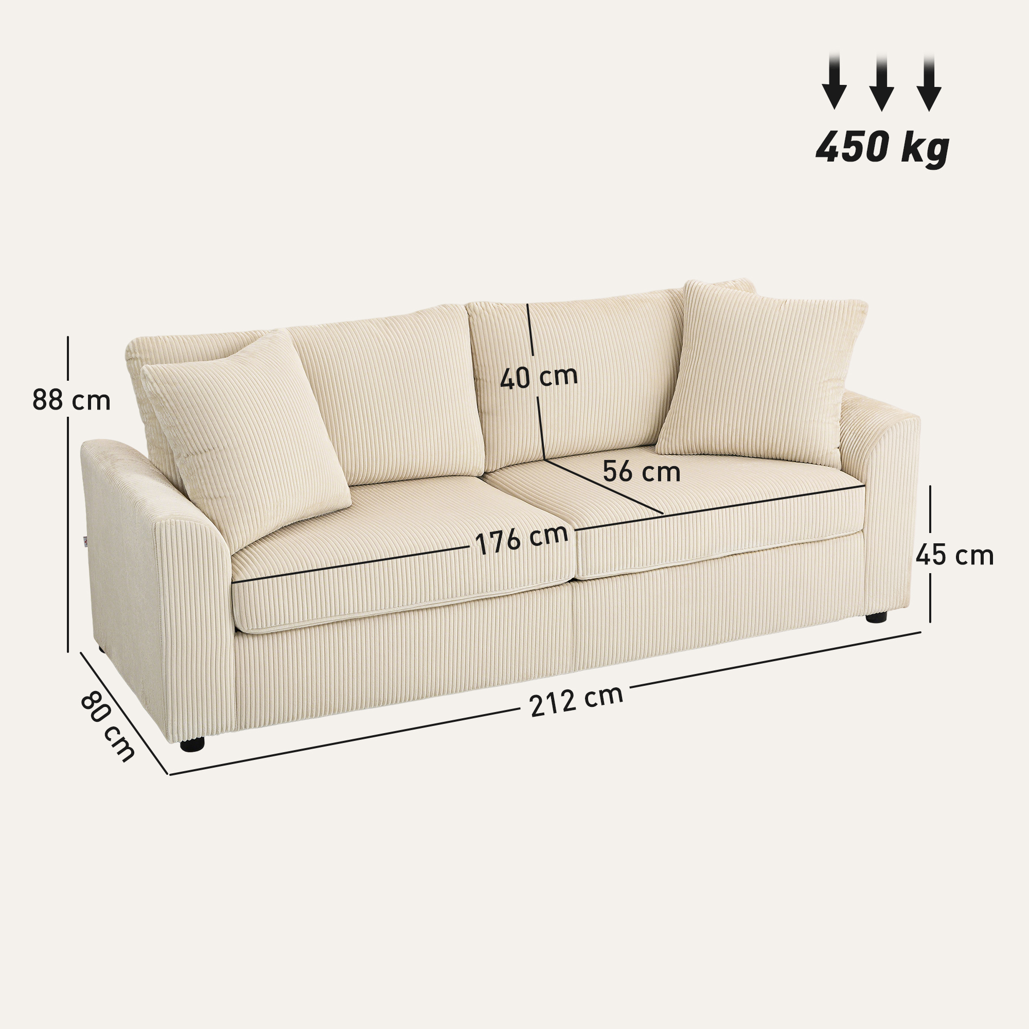 3-Sitzer-Sofa mit Zierkissen, Cordsofa für Wohnzimmer, Schlafzimmer, 212 cm breit, Cremeweiß