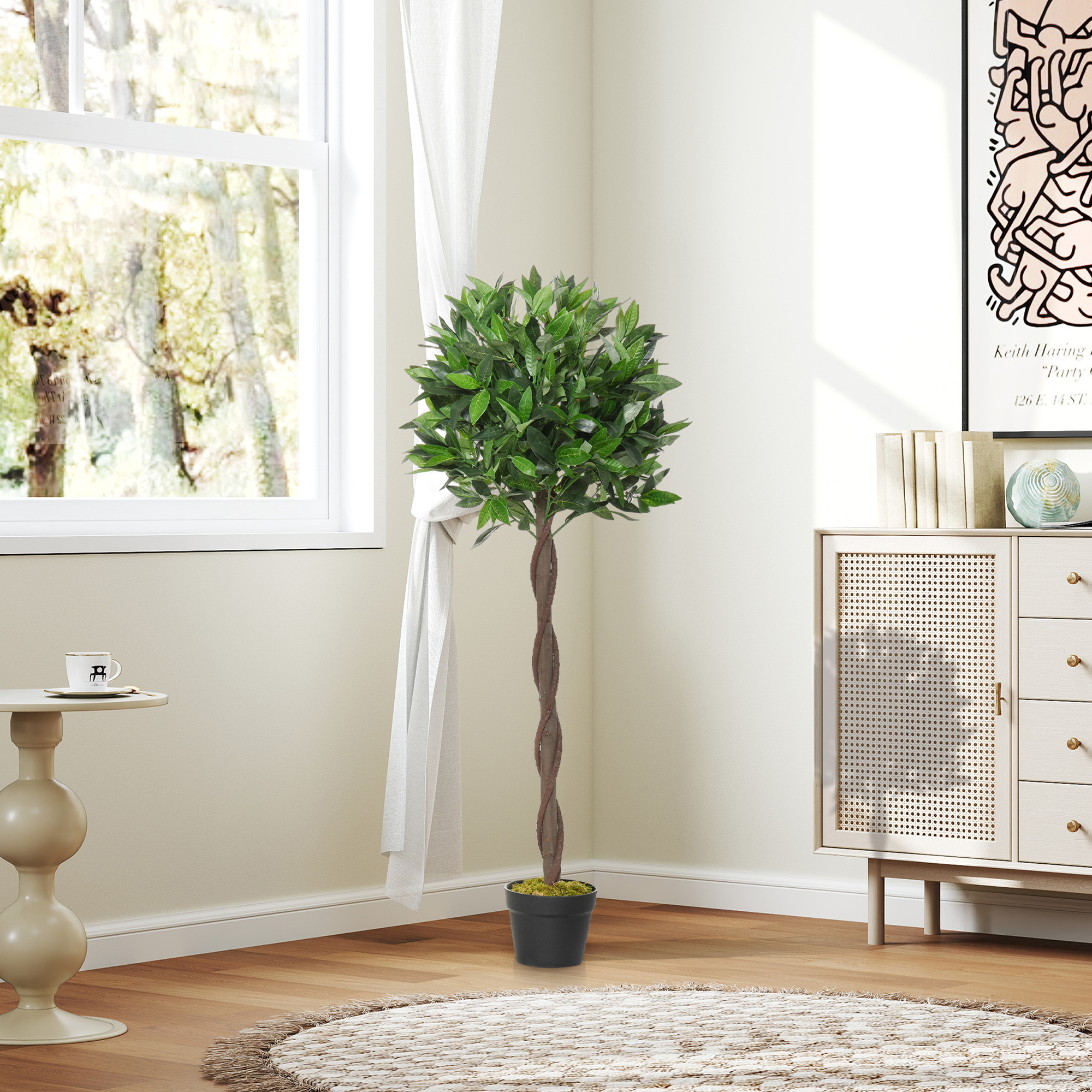 2er-Set künstlicher Lorbeerbaum, 120 cm, Kunstpflanzen im Zementtopf, Kunststoff-Pflanzen für drinnen und draußen, Grün