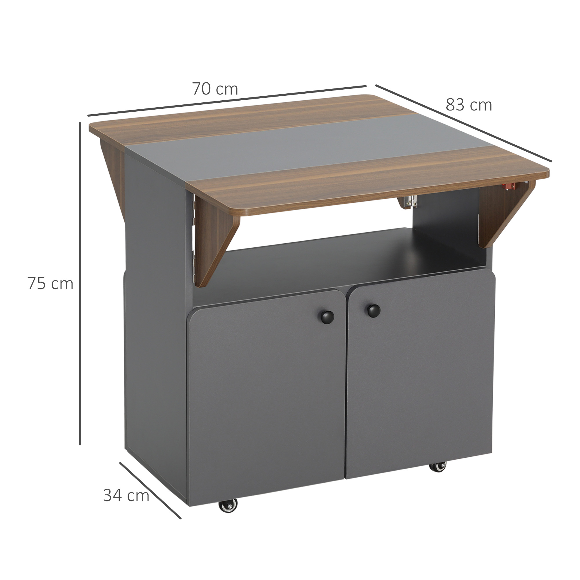 Klapptisch Rollschrank, zwei klappbare Tischseiten, Schrankfach, 4 Rollen, Hellgrau+Dunkelbraun, 70 x 83 x 75cm