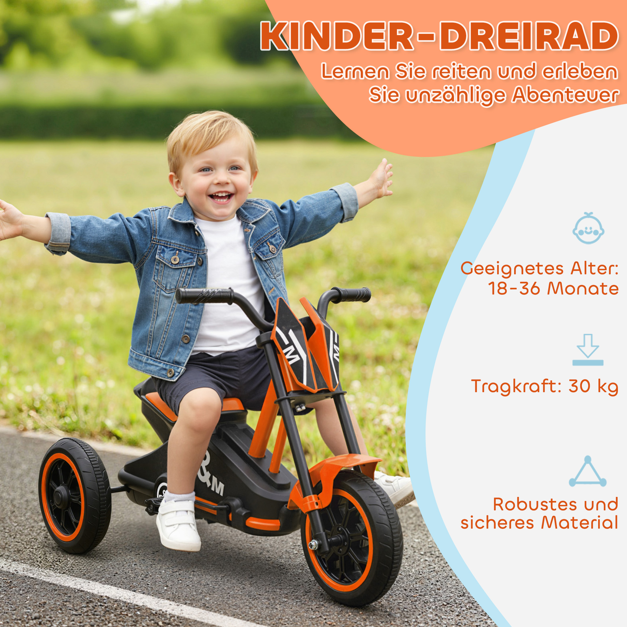 Dreirad, Kinderfahrrad, Laufrad, Kinderrad mit Pedal, Lauffahrrad für Kinder 18-36 Monaten, Stahl, 79x44x47 cm, Orange
