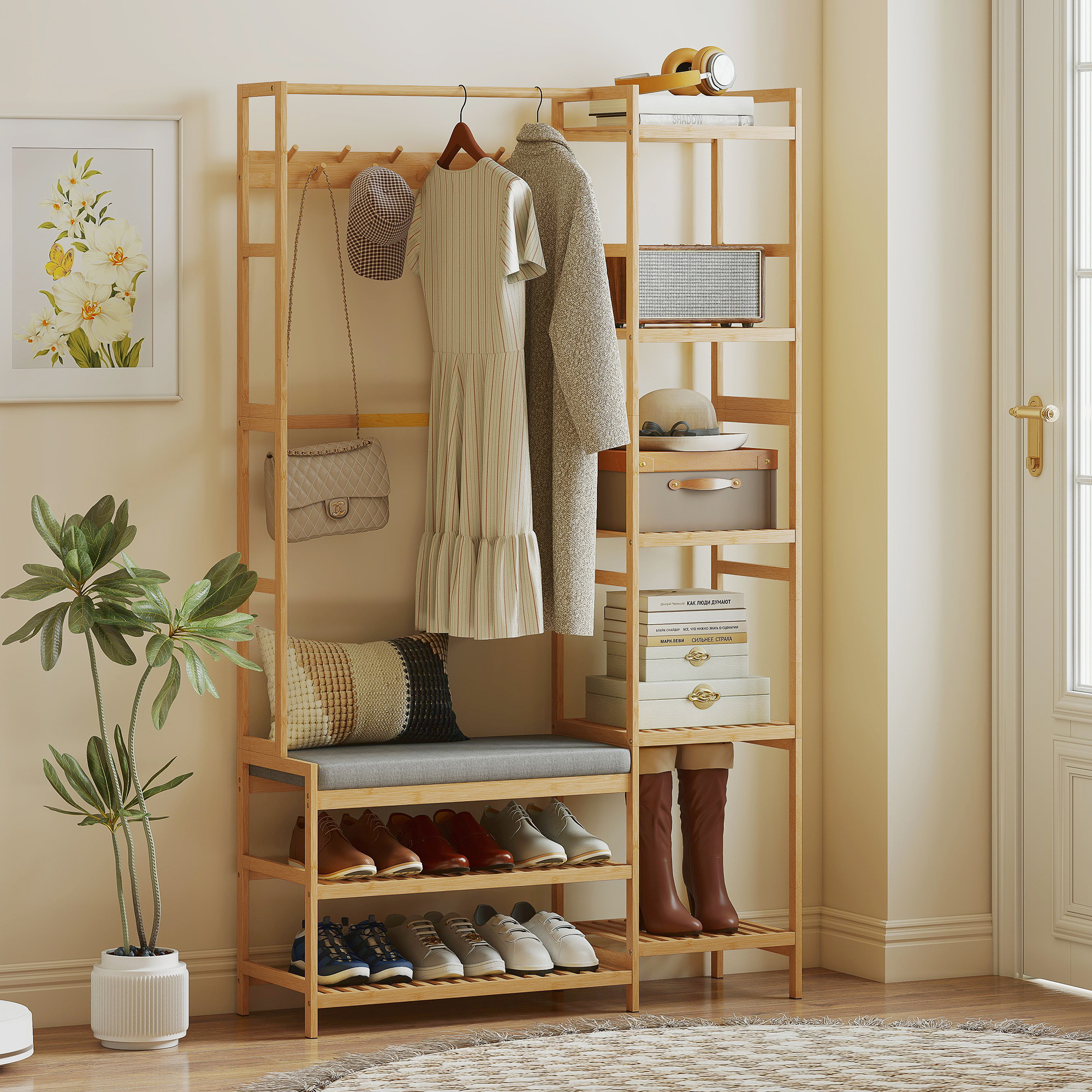 Garderobenständer mit Schuhregal, Kleiderhaken, Mantelständer, Sitzbank mit Kissen, für Flur, Eingangsbereich, Naturholz