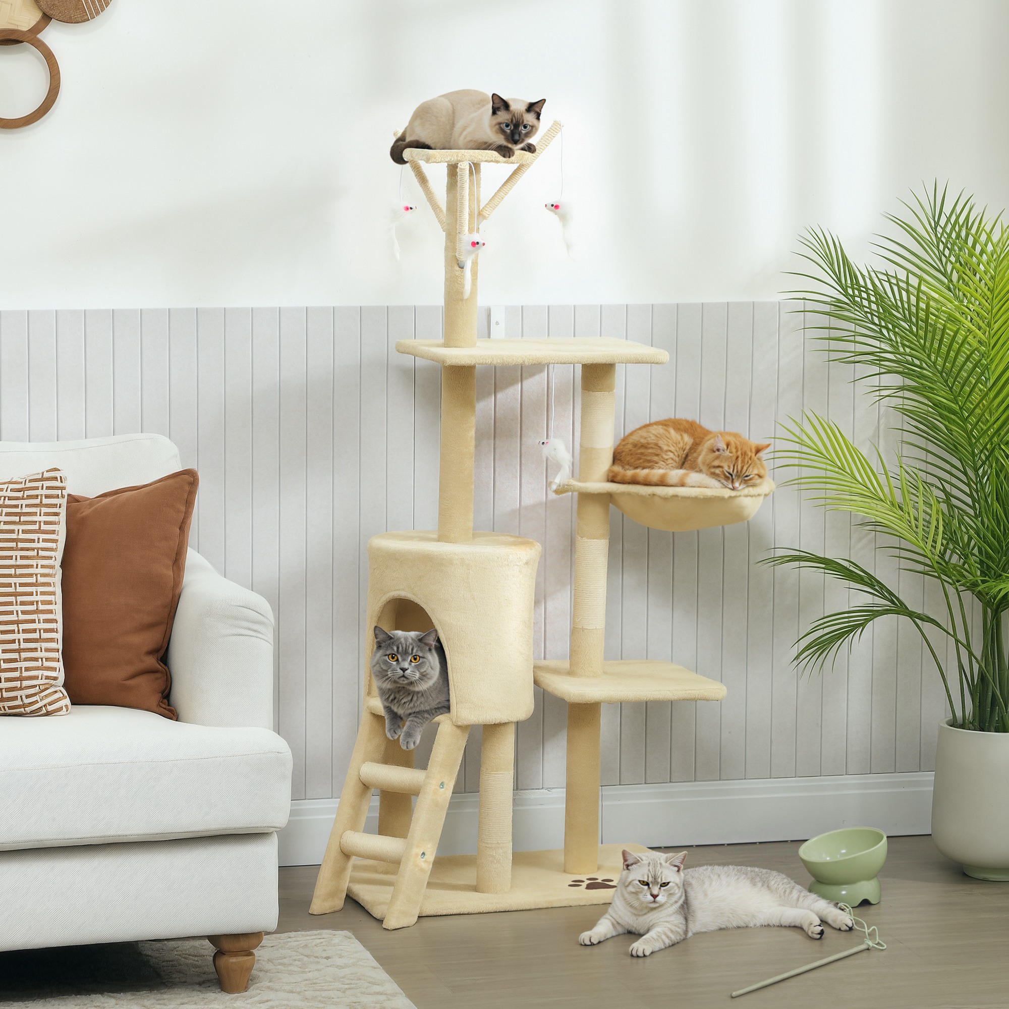 Kratzbaum Katzenbaum mit Höhle, 4 Spielzeuge, Sisalstämme, große Plattform, Treppe, für Katzen unter 5 kg, Beige