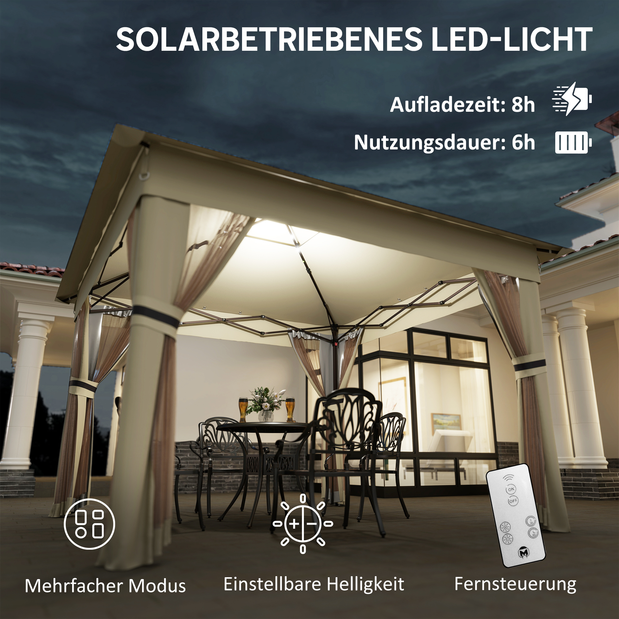 Pavillon 3,3x3,3m Wasserabweisend Pop-up Faltpavillon mit LED, Doppeldach, Moskitonetz 4 Seitenteilen Tasche