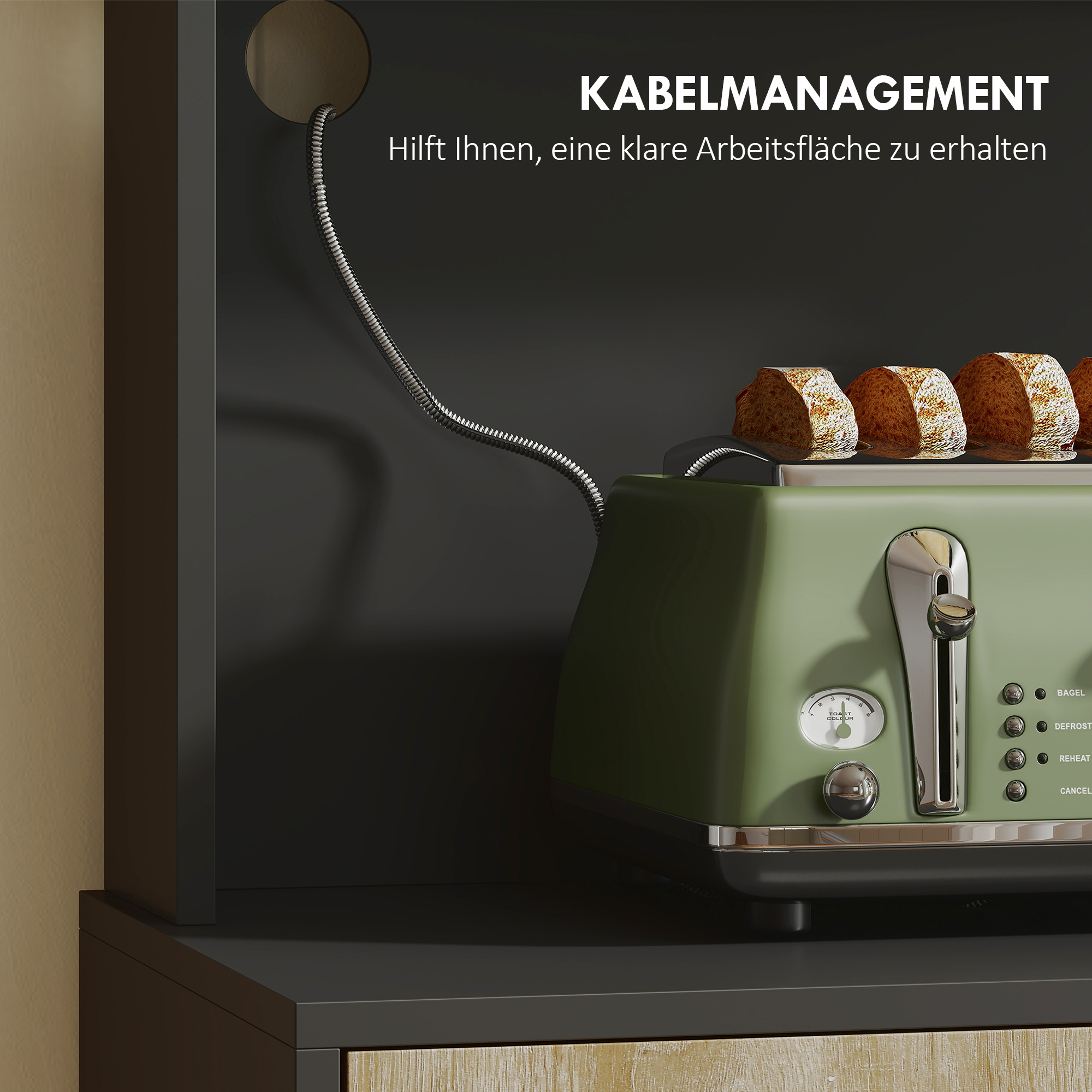 Küchenschrank mit Arbeitsfläche und Kabelloch, moderne Küchenkommode mit Schublade, 3 offene Regale, Naturholz, Schwarz