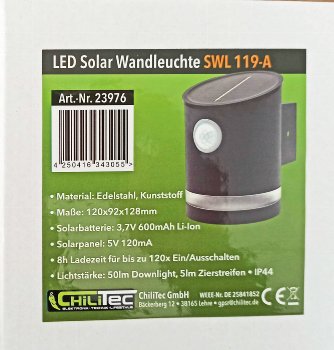 LED Solar Wandleuchte "SWL 119-A", PIR Bewegungsmelder, IP44, anthrazit