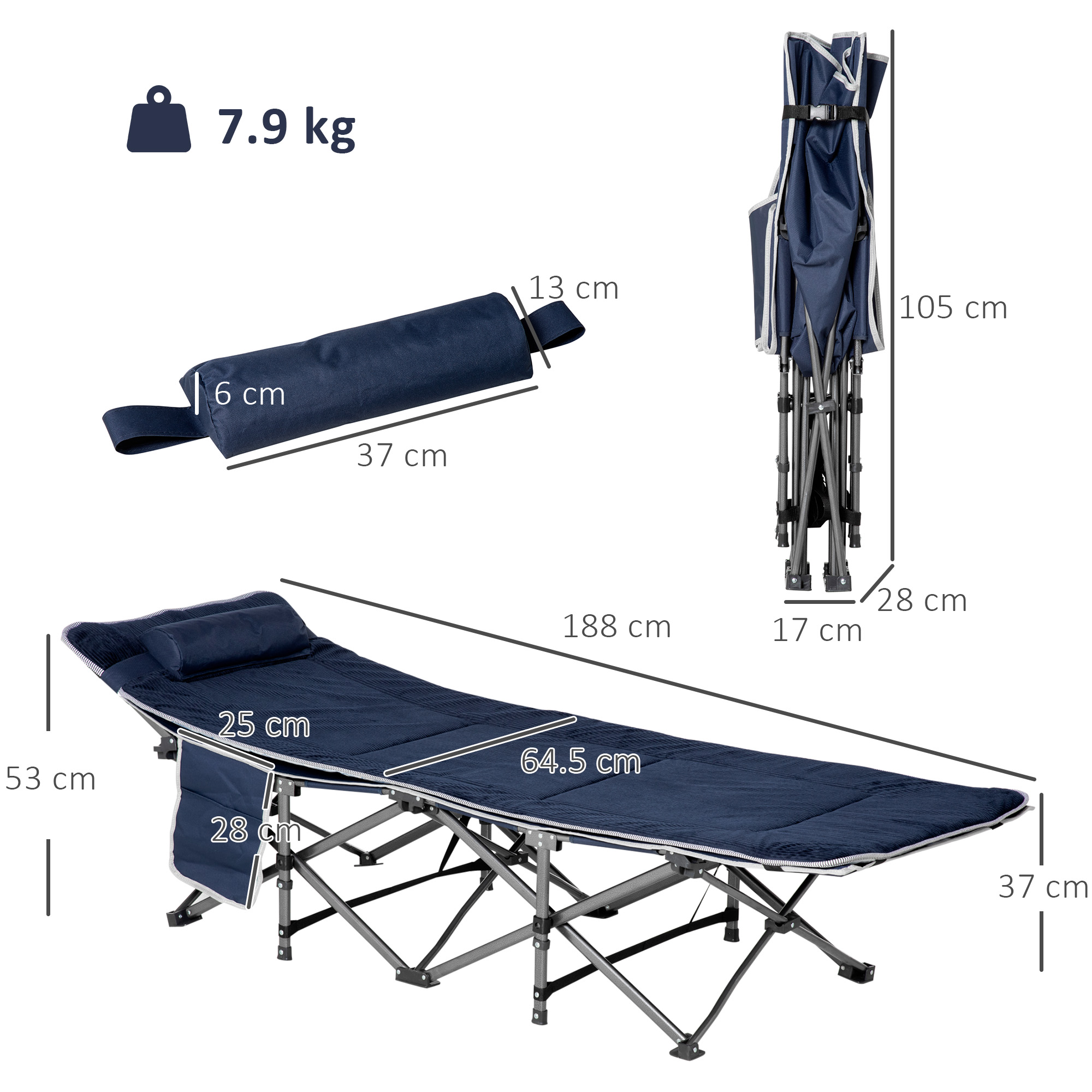Campingbett, klappbares Feldbett mit Kopfkissen, 188 x 64,5 x 53 cm, Dunkelblau