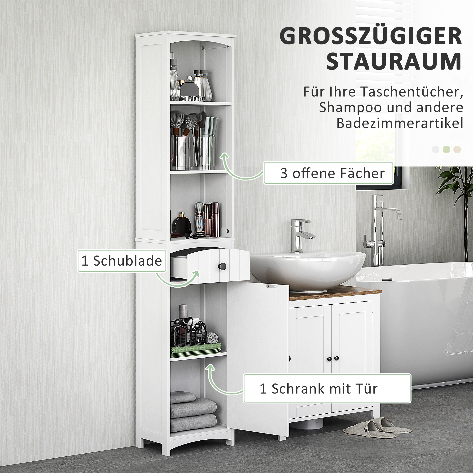Badezimmerschrank mit 3 Regalen, 1 Schublade, robust, MDF, Weiß