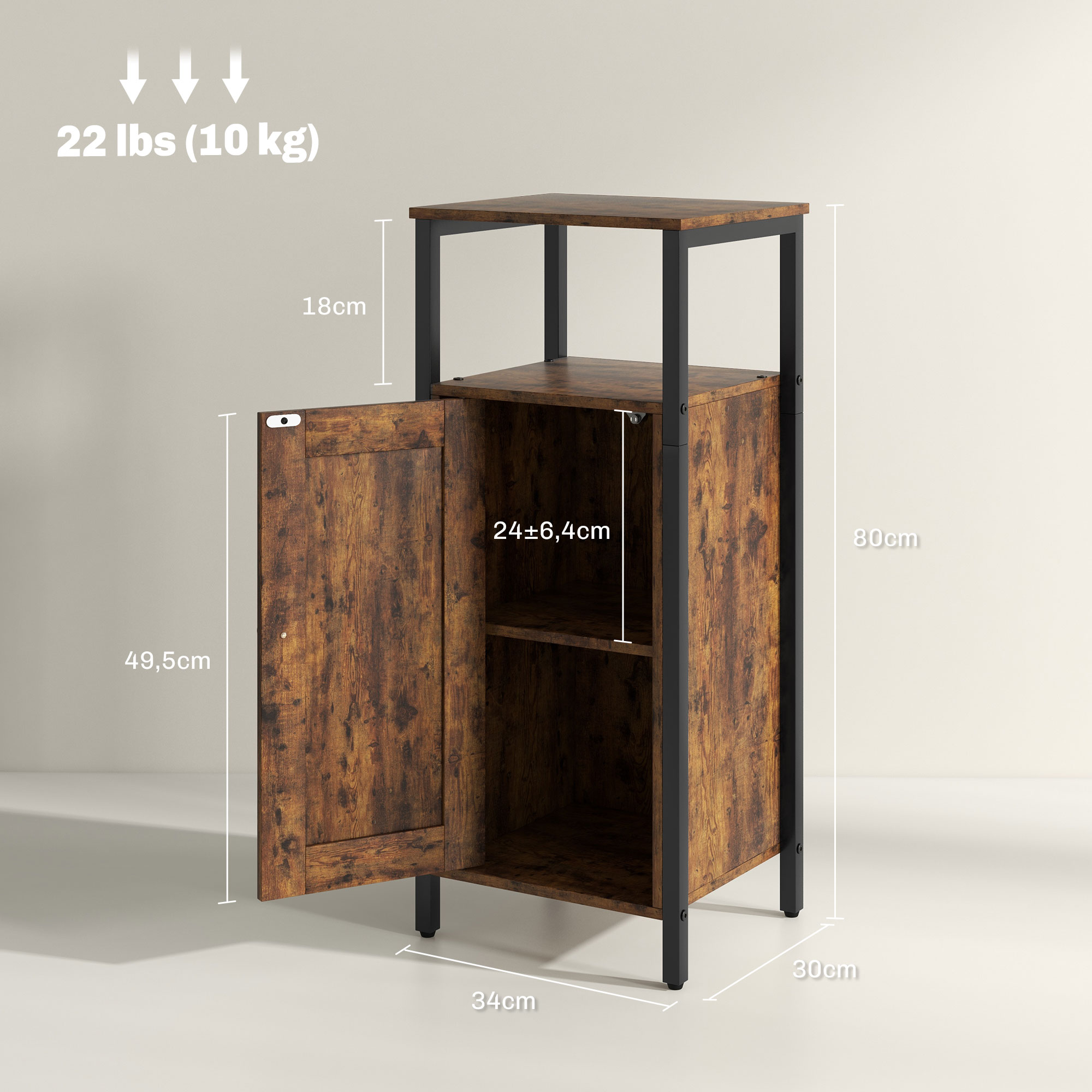 Beistelltisch mit Stauraum, 2 offene Regale, 3-stufig verstellbar, magnetische Tür, Braun