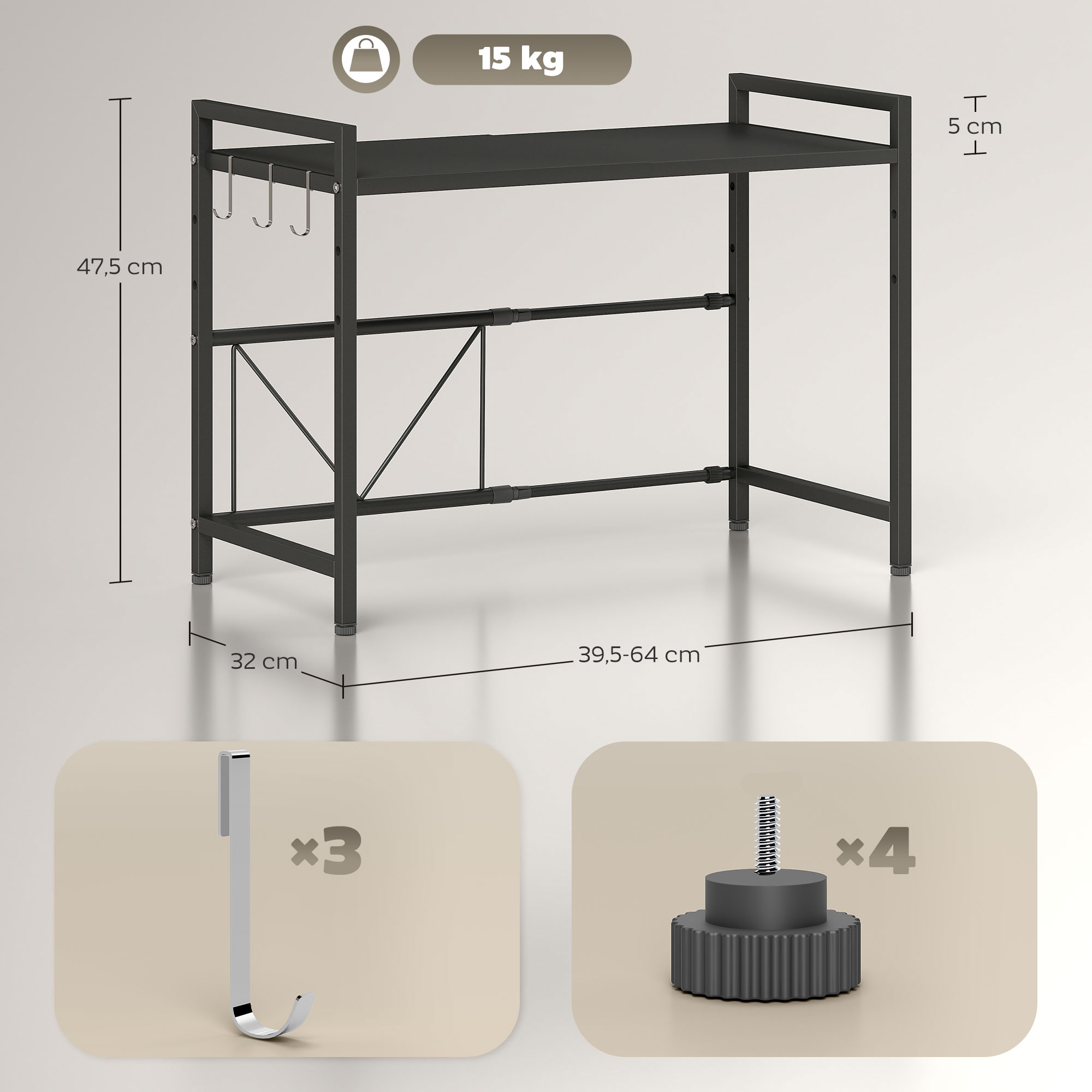 Mikrowellenregal, 3 Haken, ausziehbar, Metall, 40 cm hoch, Schwarz