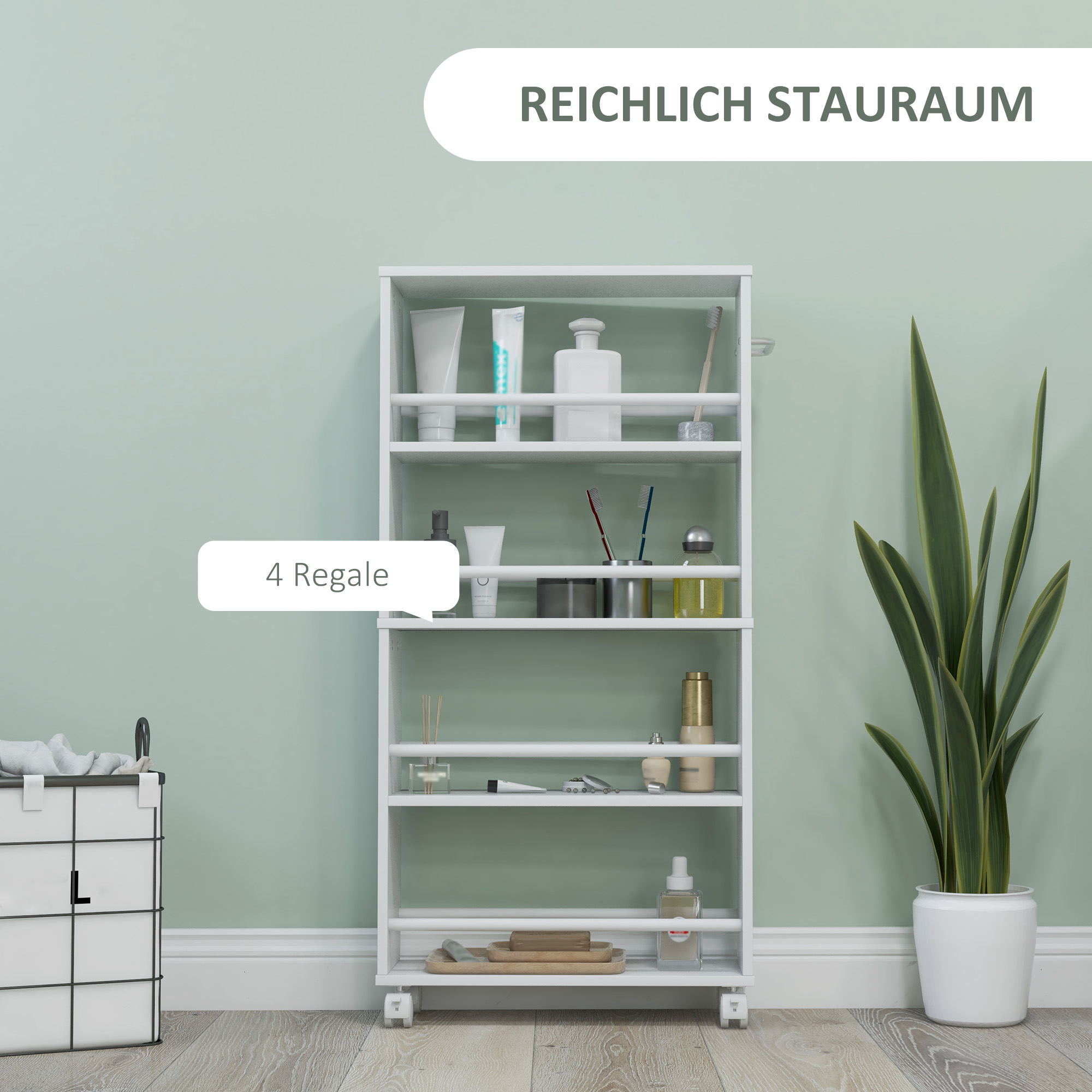 Multifunktionsregal mit Rollen, schmale Bauweise, 4 Fächer, 45x15x91 cm, Weiß