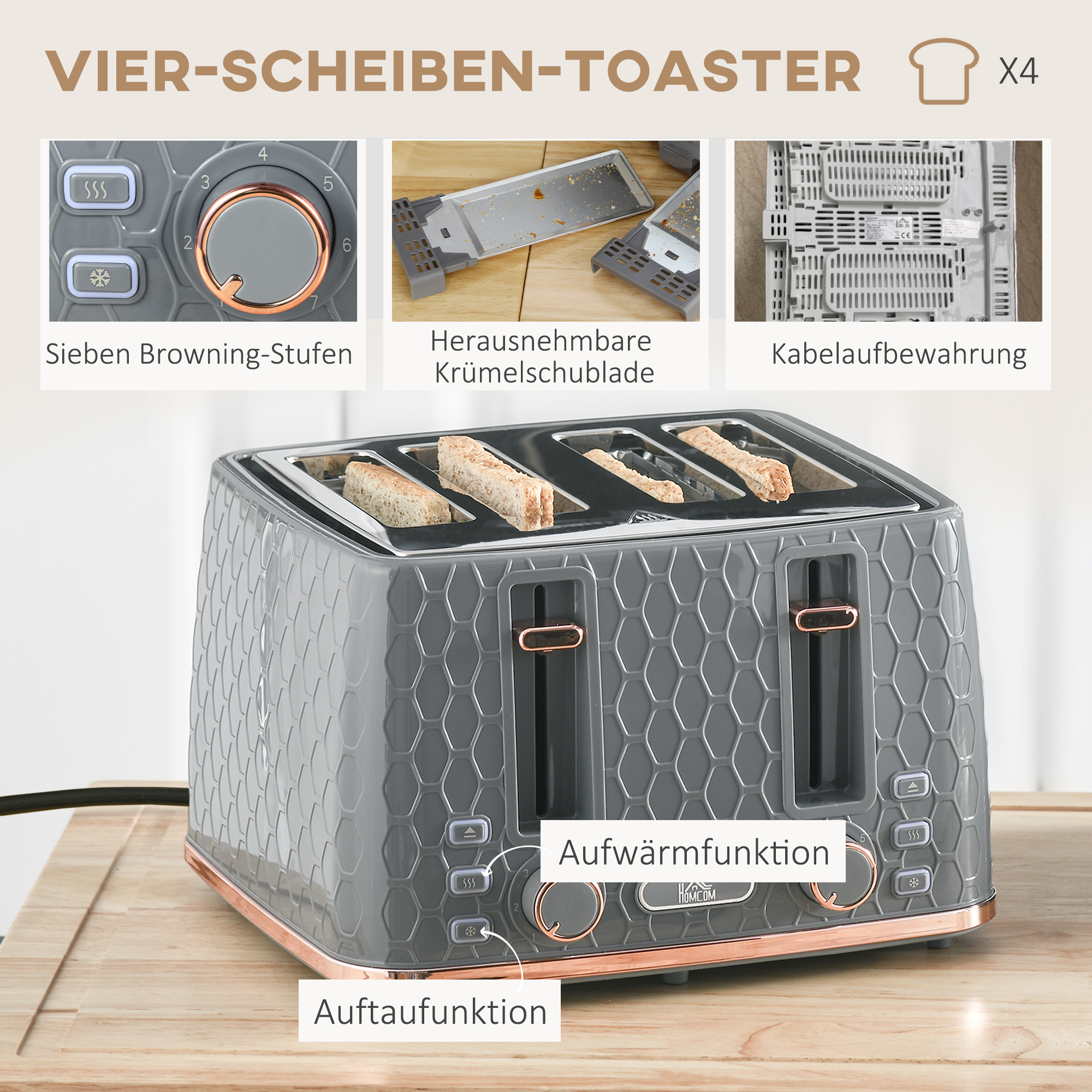 2-in-1 Küchenset, Toaster und Wasserkocher, mehrere Optionen, 1,7 L, 4 Toastscheiben gleichzeitig, Kunststoff, Grau