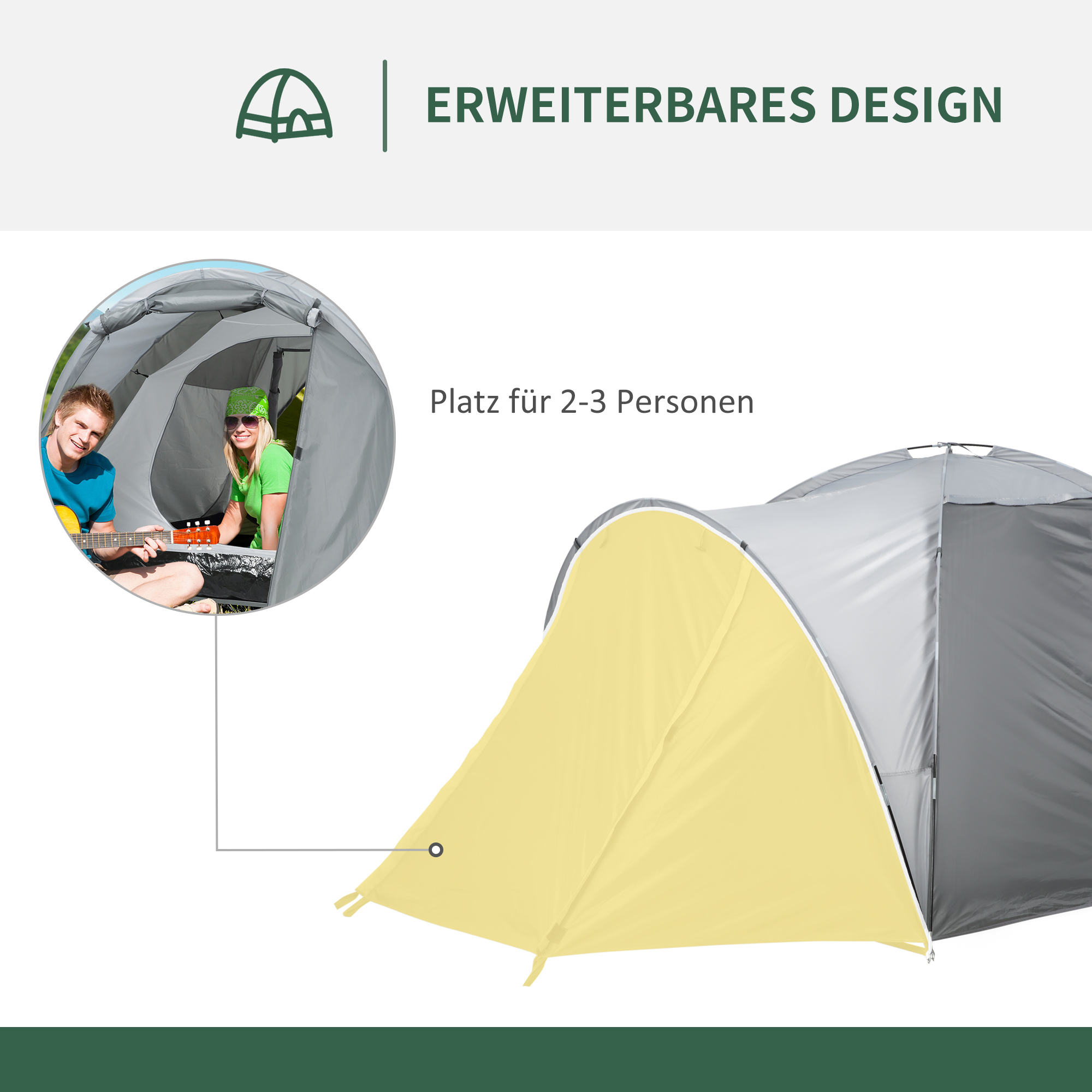 Campingzelt für 2-3 Personen Glasfaser Tür mit Reißverschluss Meshfenster inkl. Transporttasche Kuppelzelt 190T Kunstleder2000mm Glasfaser Grau