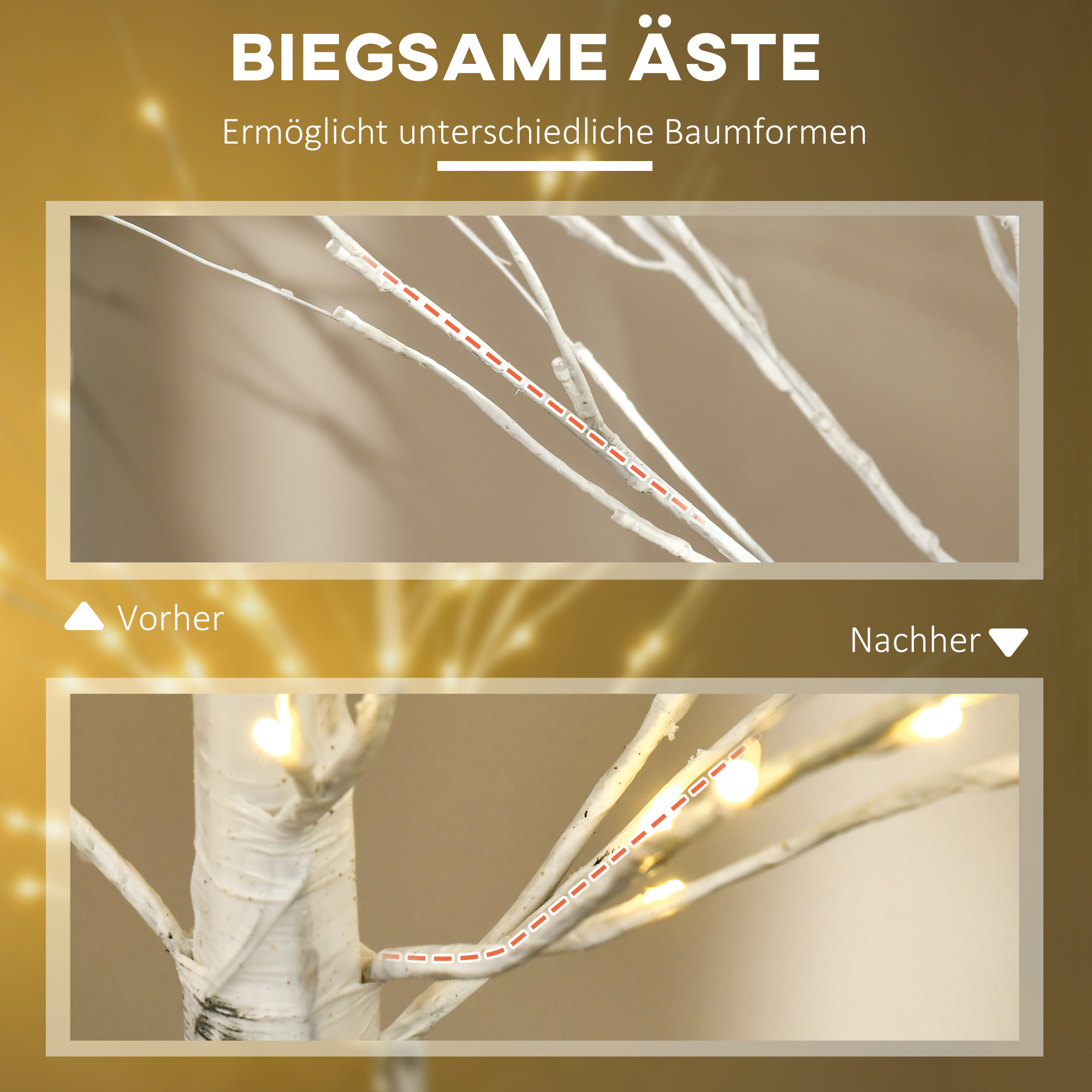 Künstliche Birke mit LEDs, biegsame Äste, Kunststoff und Metall, 150 cm, Weiß