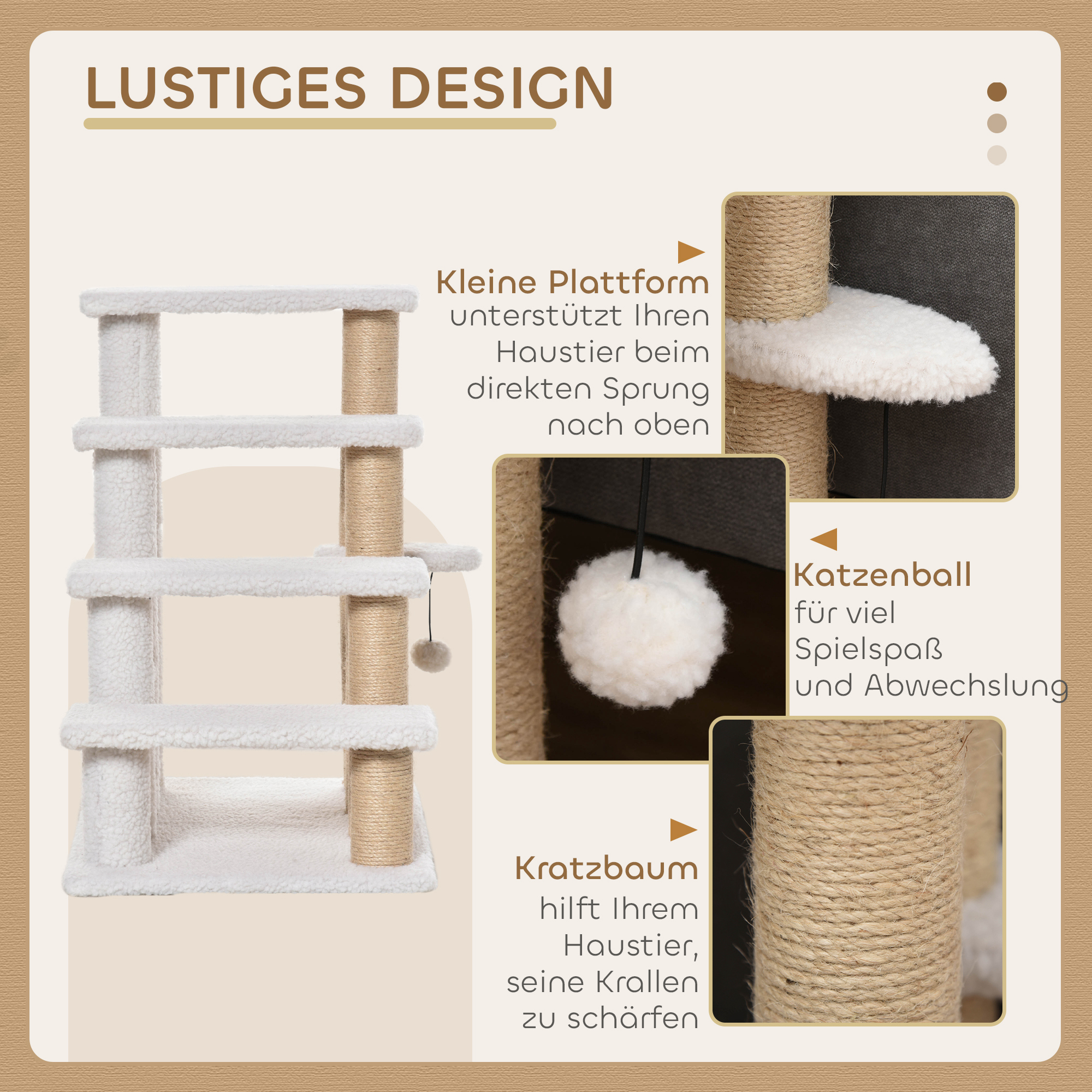 Katzentreppe 4-stufige Haustiertreppe mit Kratzsäulen Ball Hundetreppe Tiertreppe für Katzen bis 5 kg Plüsch Jute Weiß 60 x 40 x 64 cm