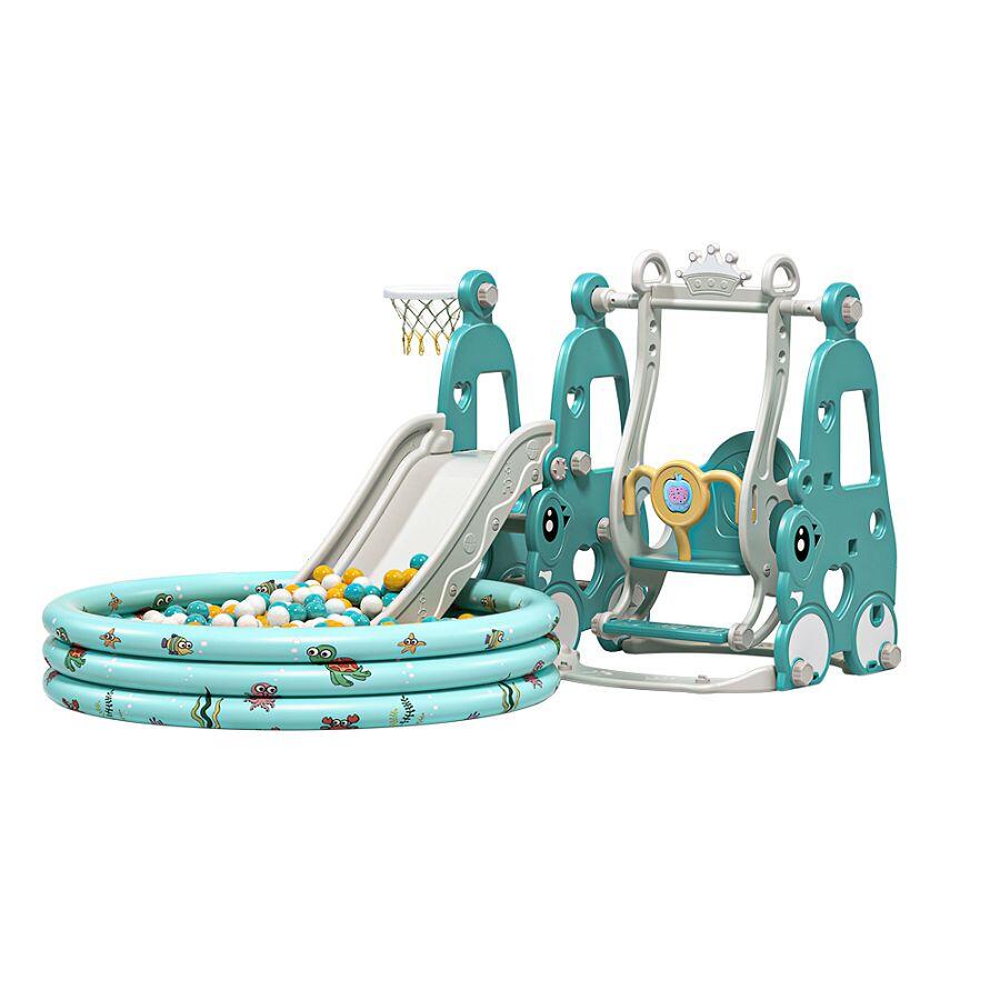 4-in-1 Outdoor Spielzeug mit Rutsche, Schaukel, Basketballkorb und Ballpool