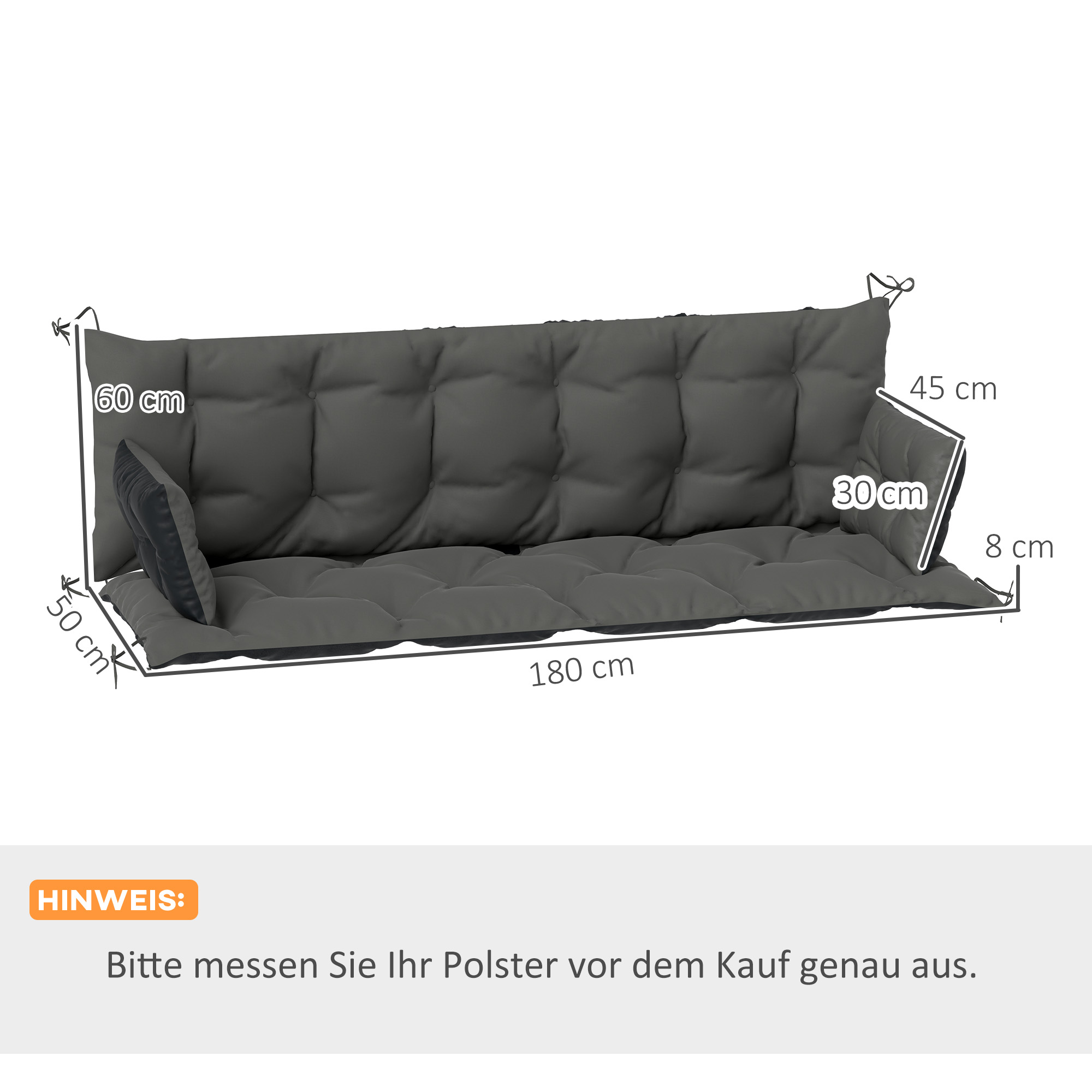 Outdoor-Kissen-Set für Bank oder Hollywoodschaukel, zweifarbig, Polyester, Schaumstoff, 180 x 110 x 8 cm, Dunkelgrau