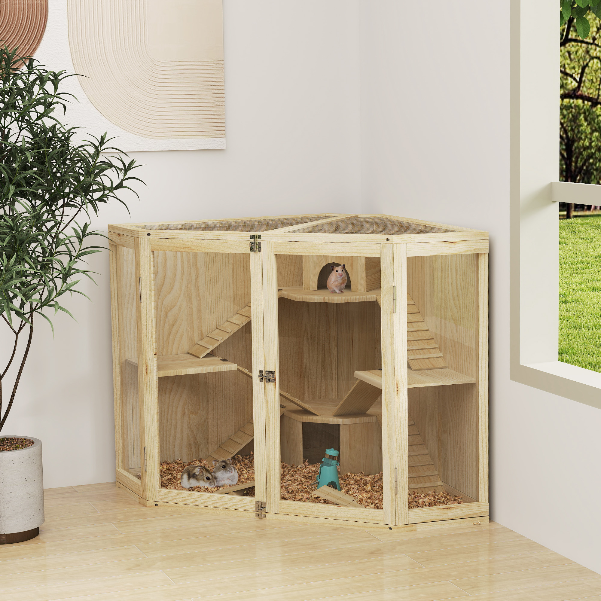 Hamsterkäfig, 4-Ebenen-Design, mit Fütterungsstation, Wippe, Rampe, Hütten, 115 x 69,5 x 79 cm, Holz