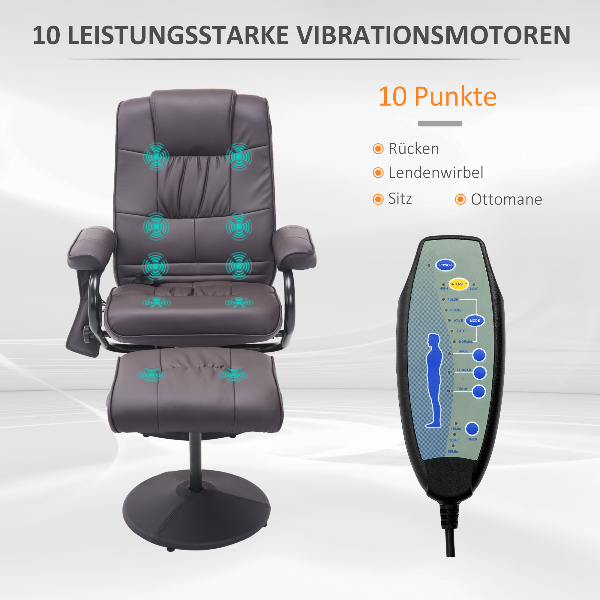 Massagesessel Relaxsessel, inkl, Fußhocker, 10 Vibrationspunkte, 1 Fernbedienung; 77 cm x 84 cm x 95 cm, Braun