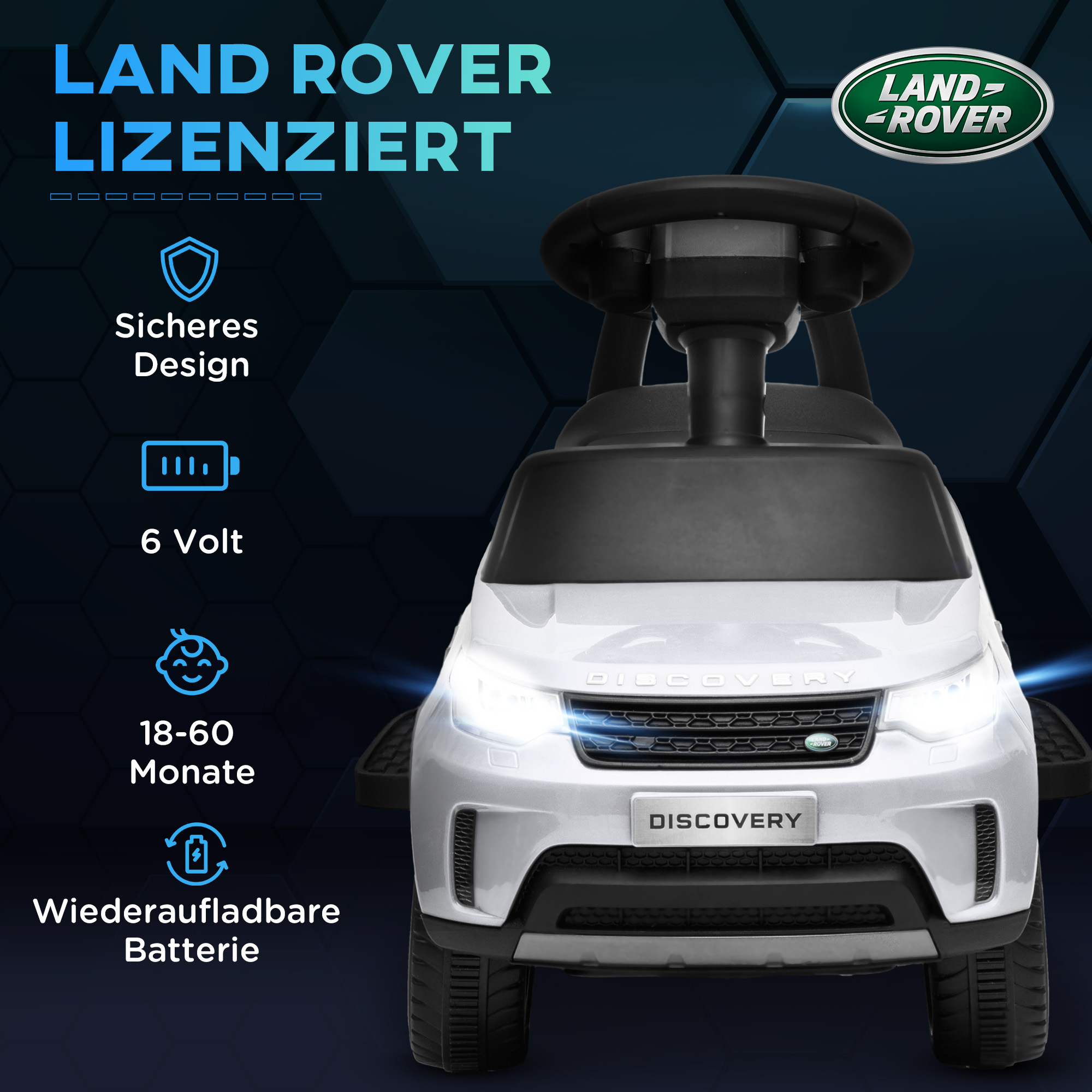 Elektro Kinderauto 6V, Land Rover, Fahr-/Schiebemodus, Scheinwerfer, Musik, Weiß