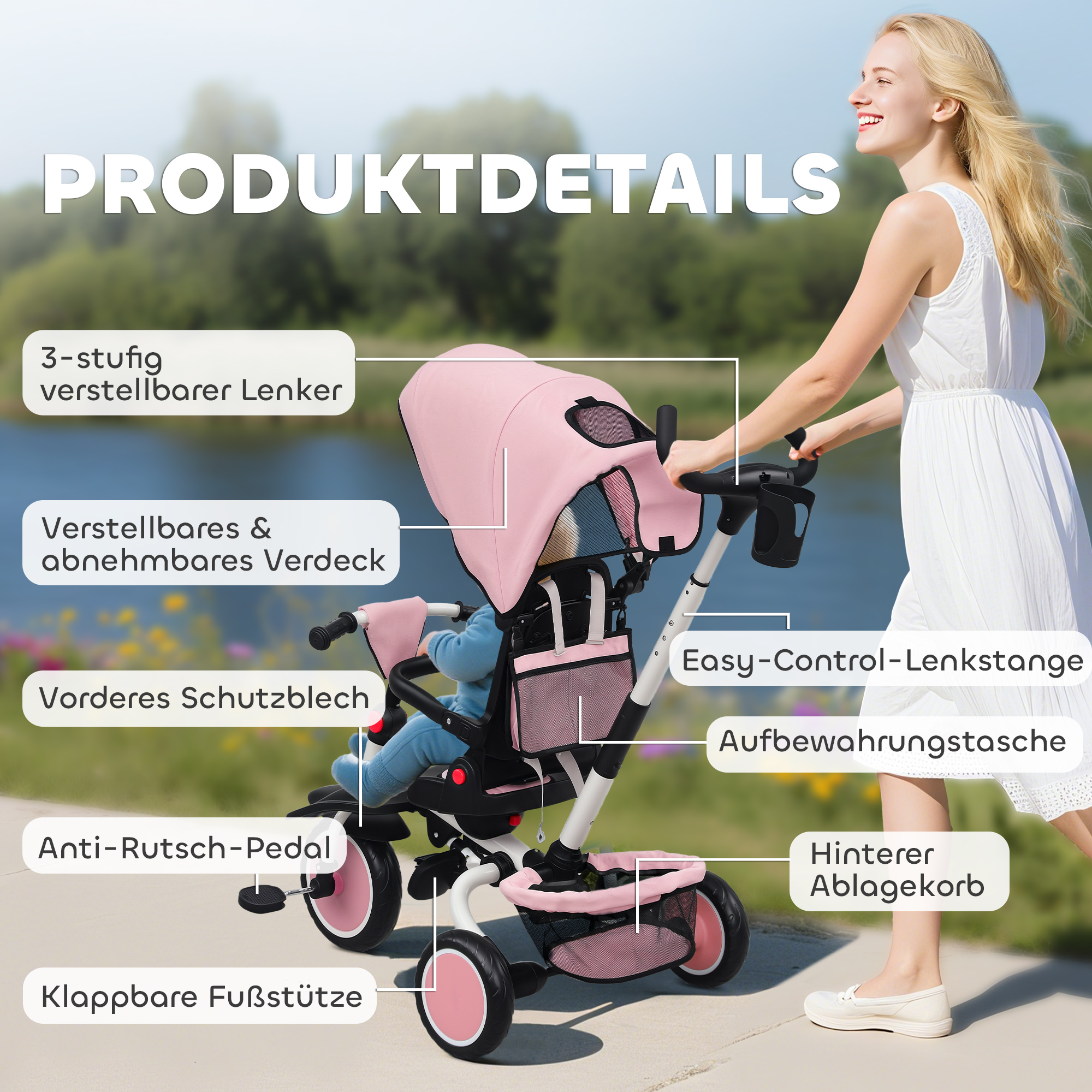 Kinderdreirad, 6-in-1 Buggy für Kleinkinder, mit Schiebegriff, verstellbarer Sitz, faltbares Design, Sicherheitsnetz