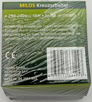MILOS Kreuzschalter, Anthrazit, 250V~/ 10A, inkl. Rahmen, UP