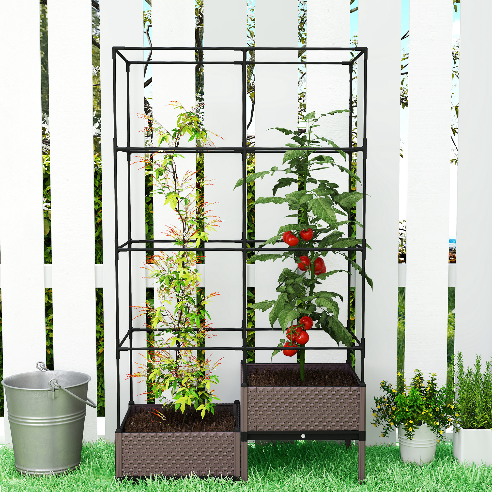 Hochbeet Pflanzkasten mit Rankgitter, Abflusslöchern, Pflanzkübel aus Kunststoff 100 x 50 x 174 cm