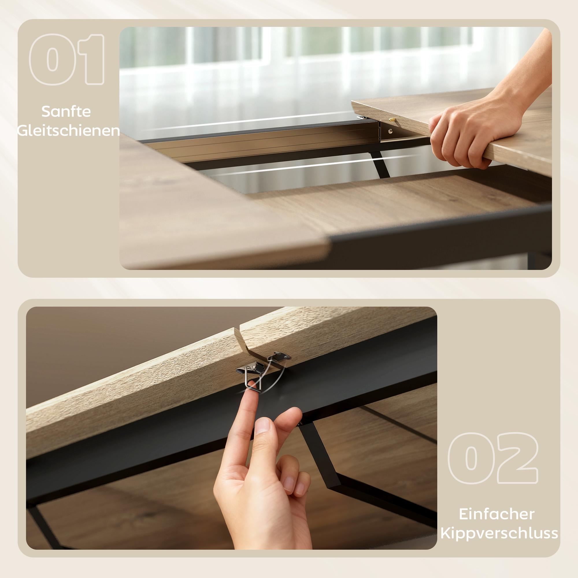 Ausziehbarer Esstisch für 6-8 Personen, 140-180 cm, rechteckiger Küchentisch mit Stahlbasis, Naturholz+Schwarz