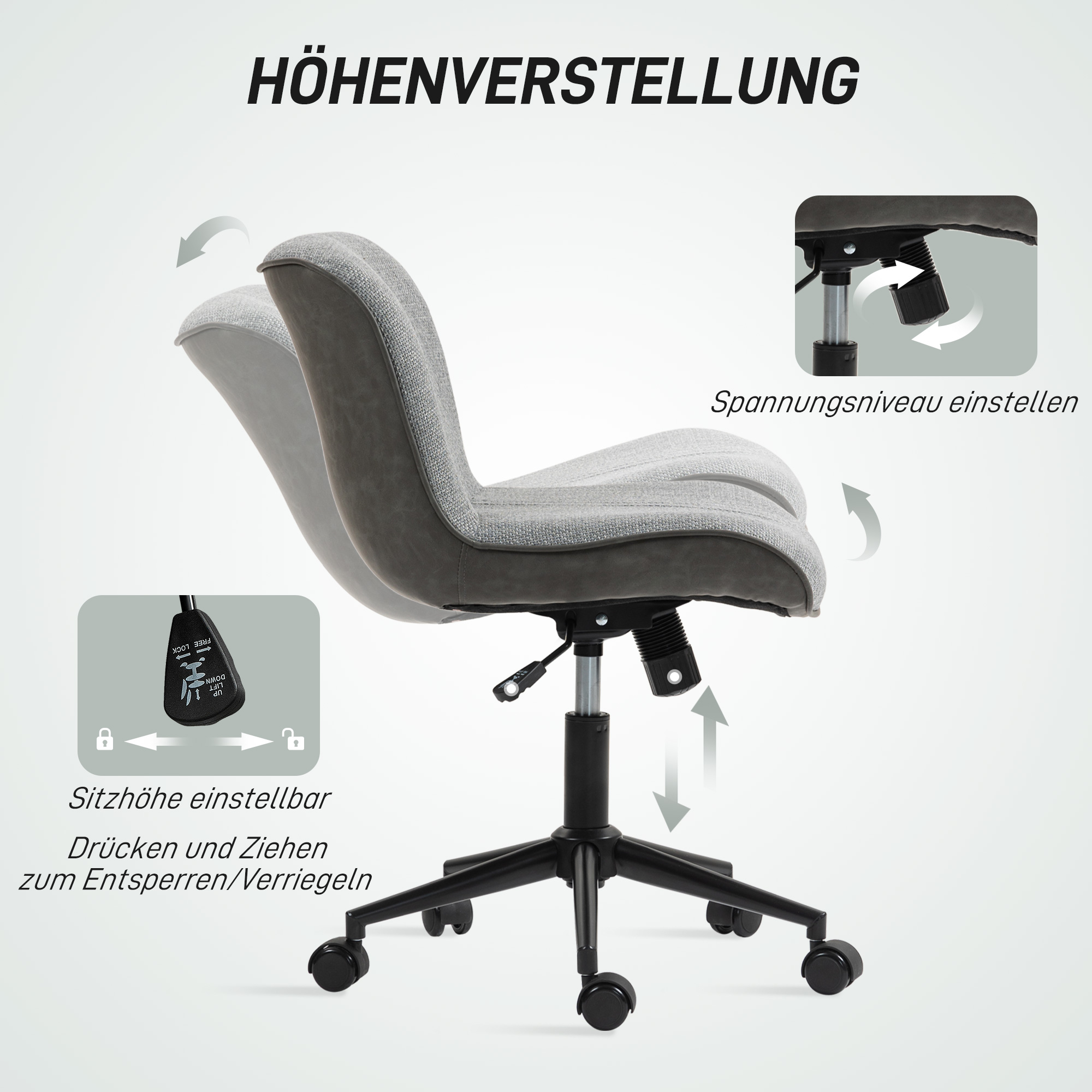 Armloser Bürostuhl, gepolstert, höhenverstellbar, drehbar, rollbar, Grau