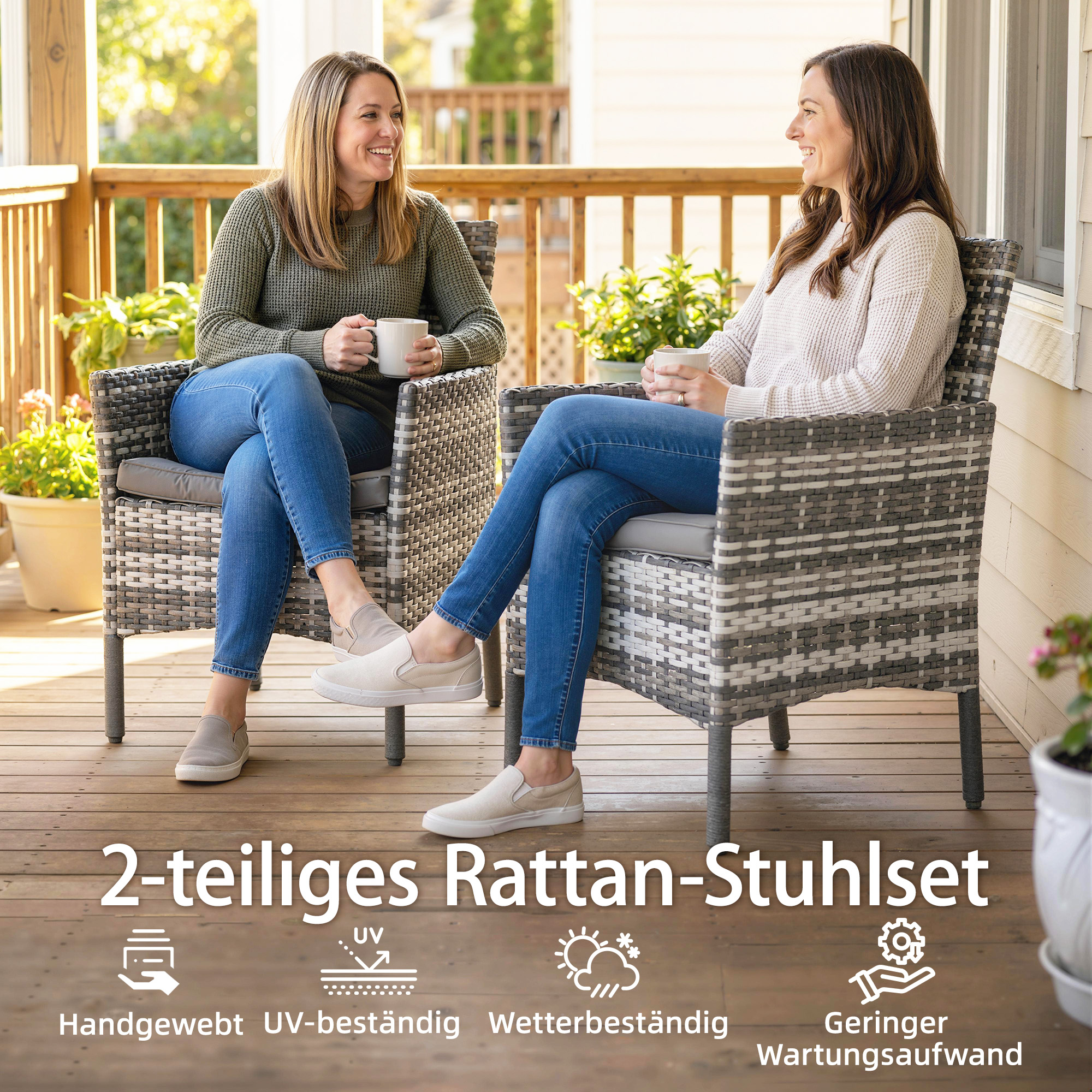 2er Set Gartenstuhl Polyrattan Gartenmöbel mit 2 Sessel Abnehmbaren Kissen Stahlrahmen Grau