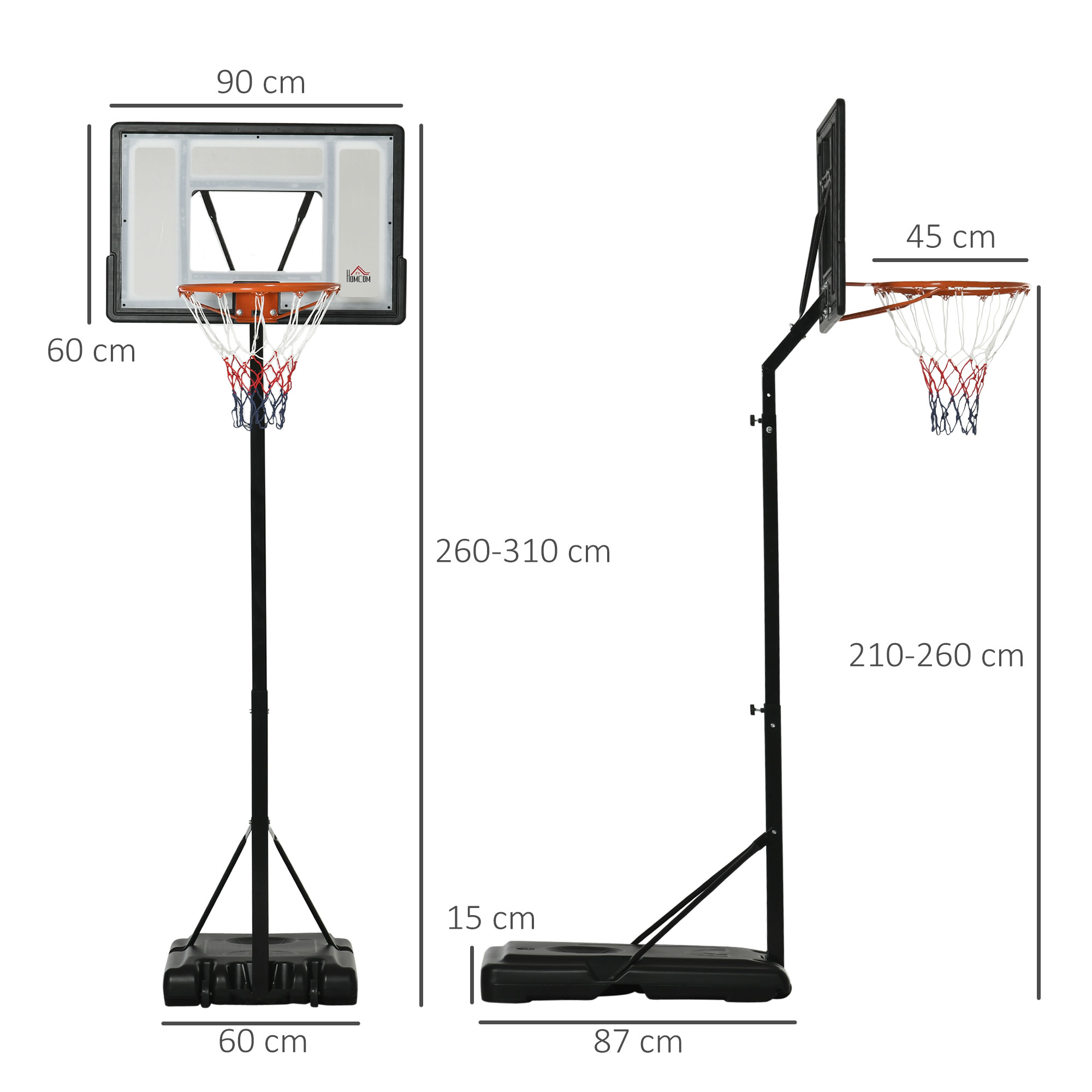 Basketballständer mit Rädern rollbar 210-260 cm höhenverstellbar Basketballkorb mit Ständer geeignet für den Außen- und Innenbereich Stahl Kunststoff Schwarz