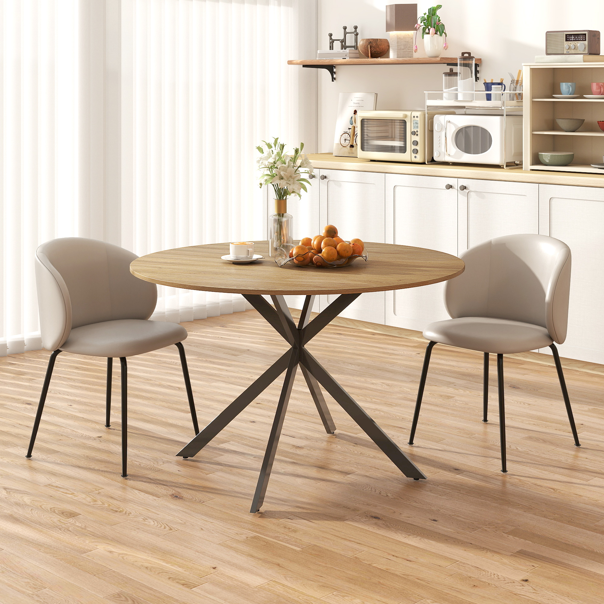 Runder Esstisch für 4 Personen, Küchentisch im Industriestil mit Stahlbeinen, für Esszimmer, Küche, Eiche