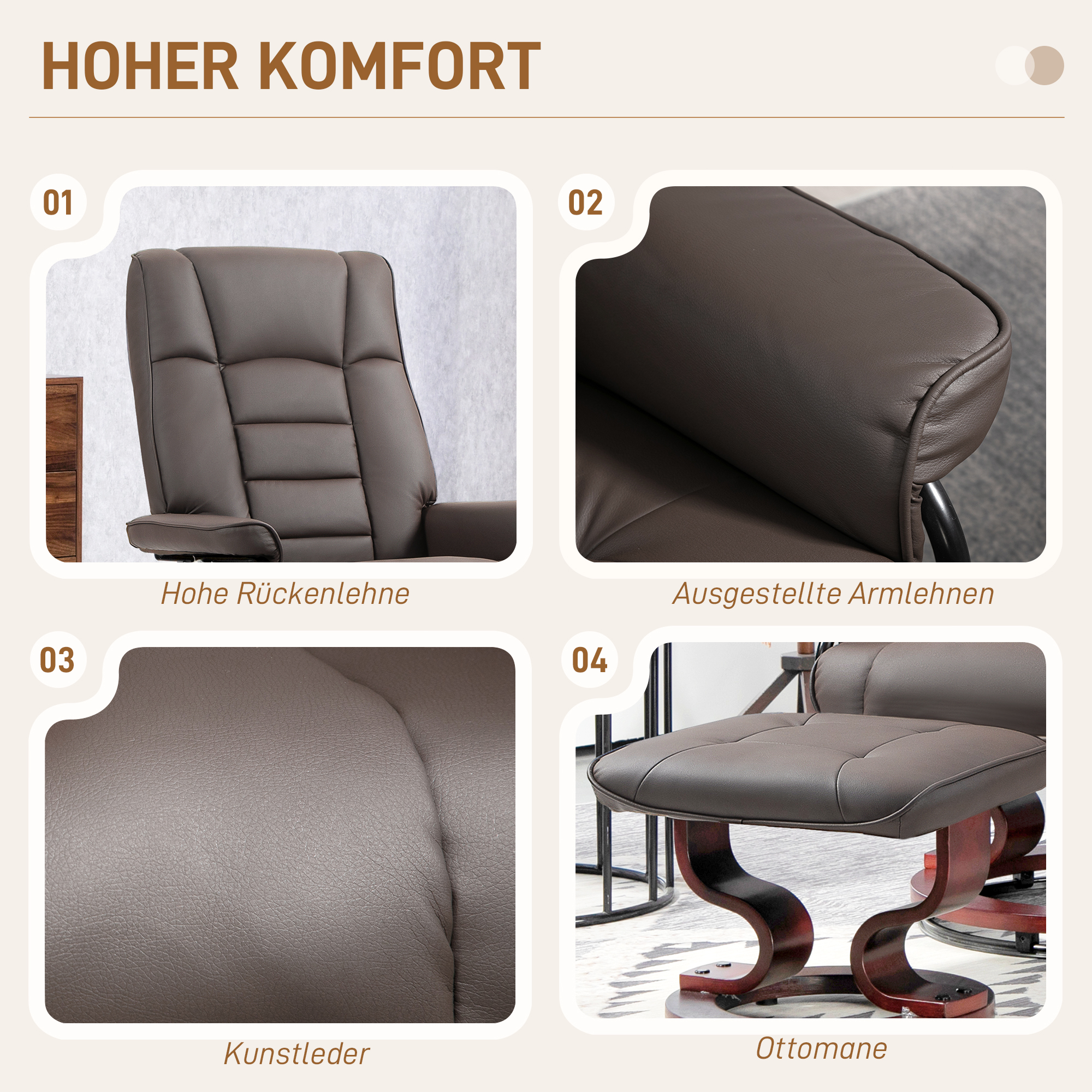Relaxsessel mit Hocker, drehbar & neigbar, Kunstlederbezug, bis 150 kg, Holzgestell, Braun