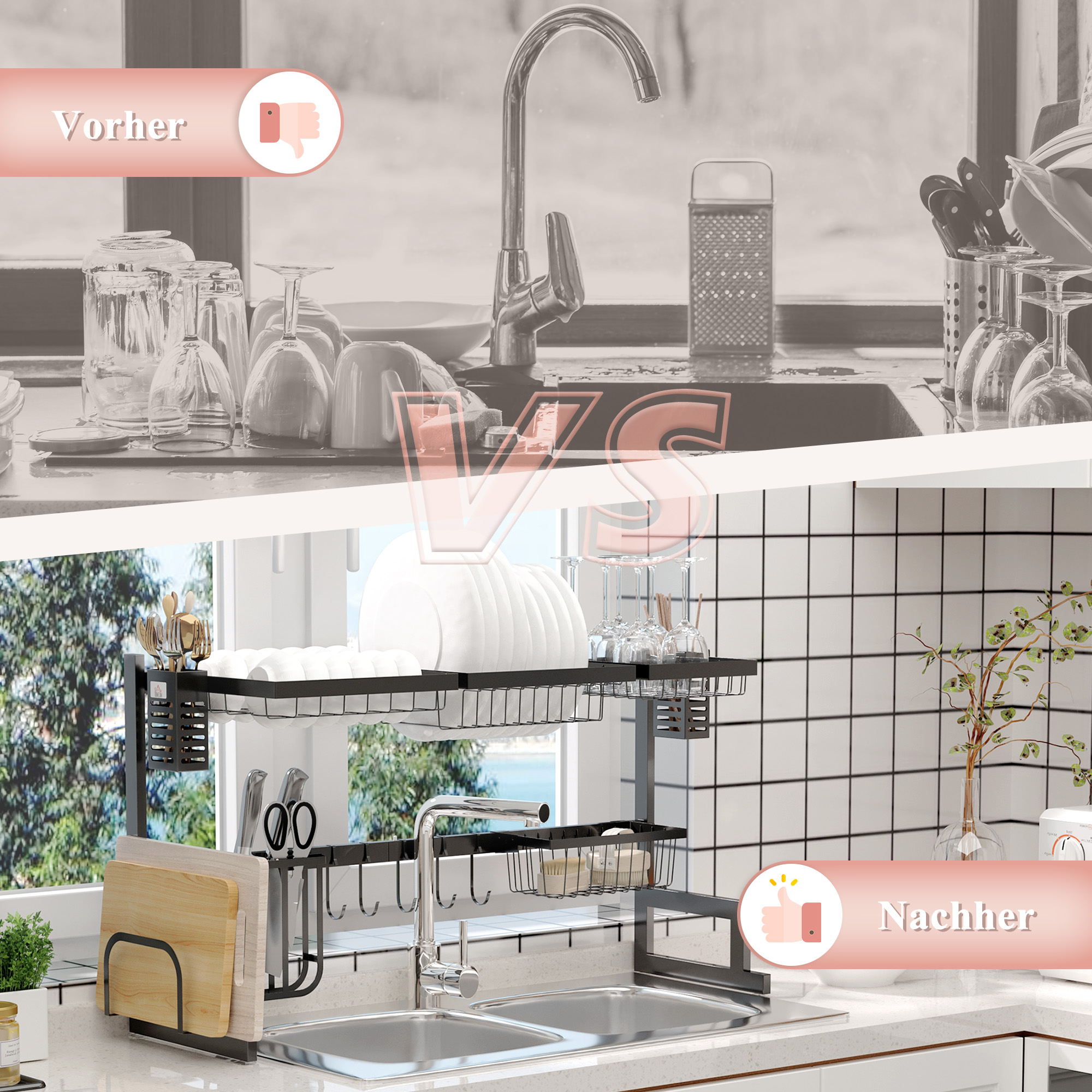 Geschirrkorb, Modularer Geschirrhalter aus Metall, bis zu 23 kg belastbar, Schwarz