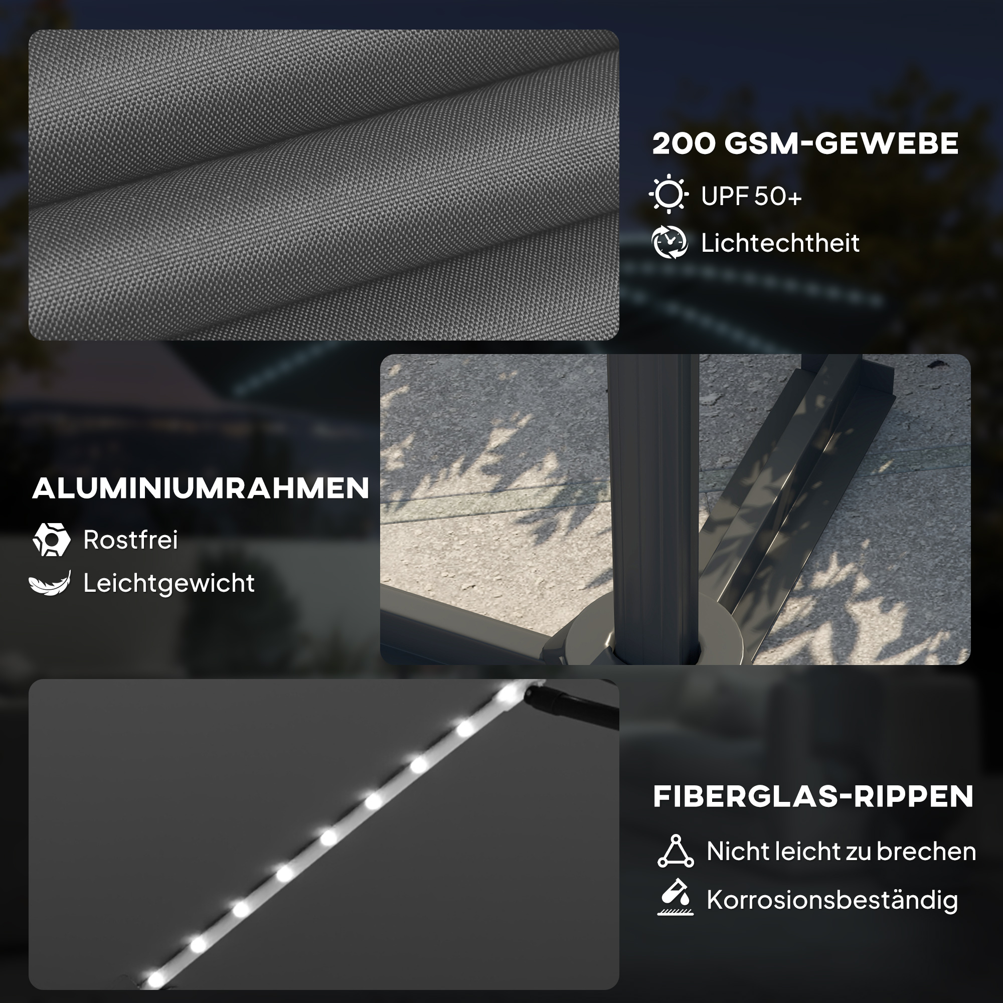 Alu Ampelschirm LED Solar Ø300 cm höhenverstellbar Sonnenschirm mit Kurbel Ständer UV50+ Dunkelgrau